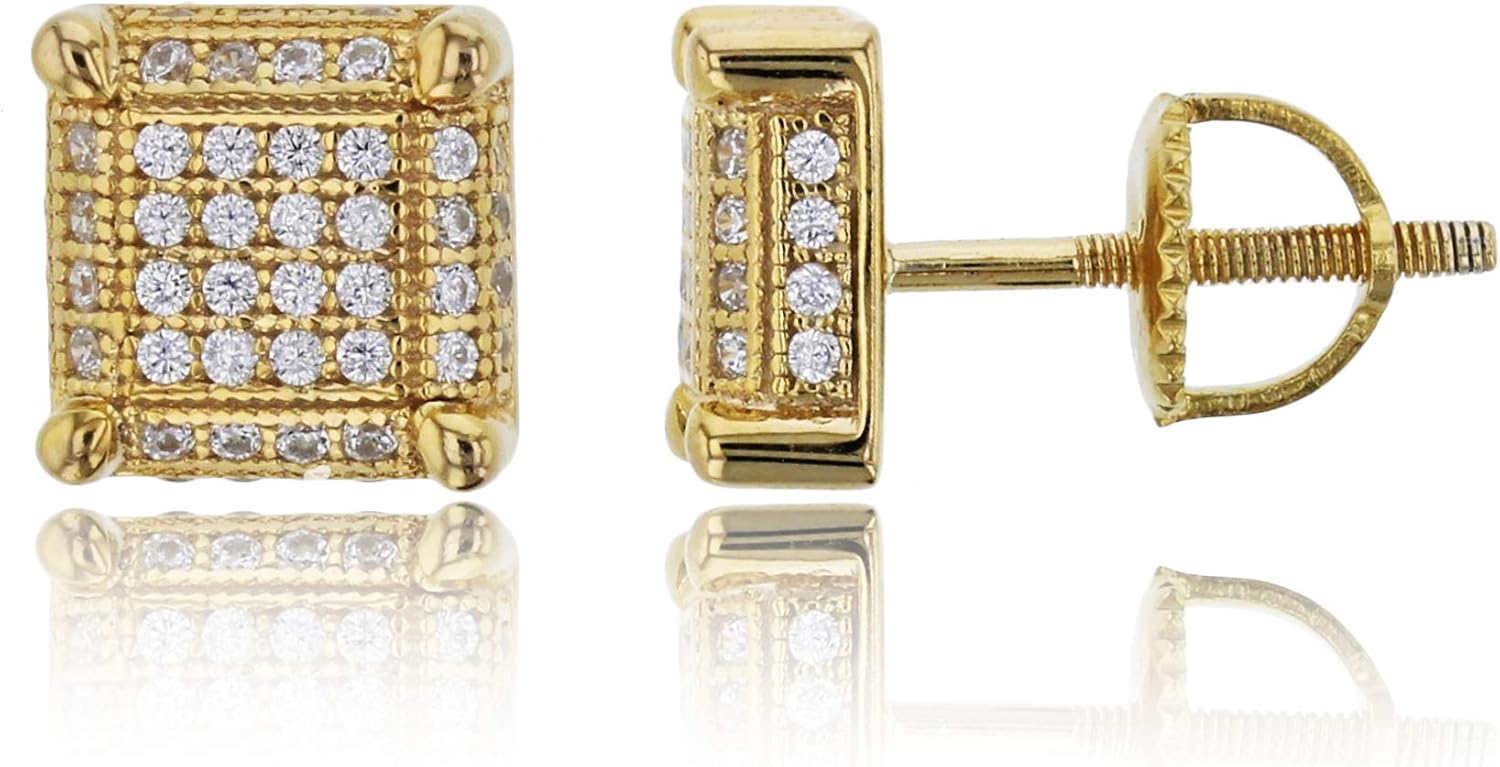 DECADENCE Sterling Silver Yellow 6x6 3d Square Micro Pave Stud Earrings for Women or Men | AAA Cubic Zirconia Cubic Zirconia Diamond | Screwback | Hypoallergenic Studs | 925 Sterling Silver Earrings