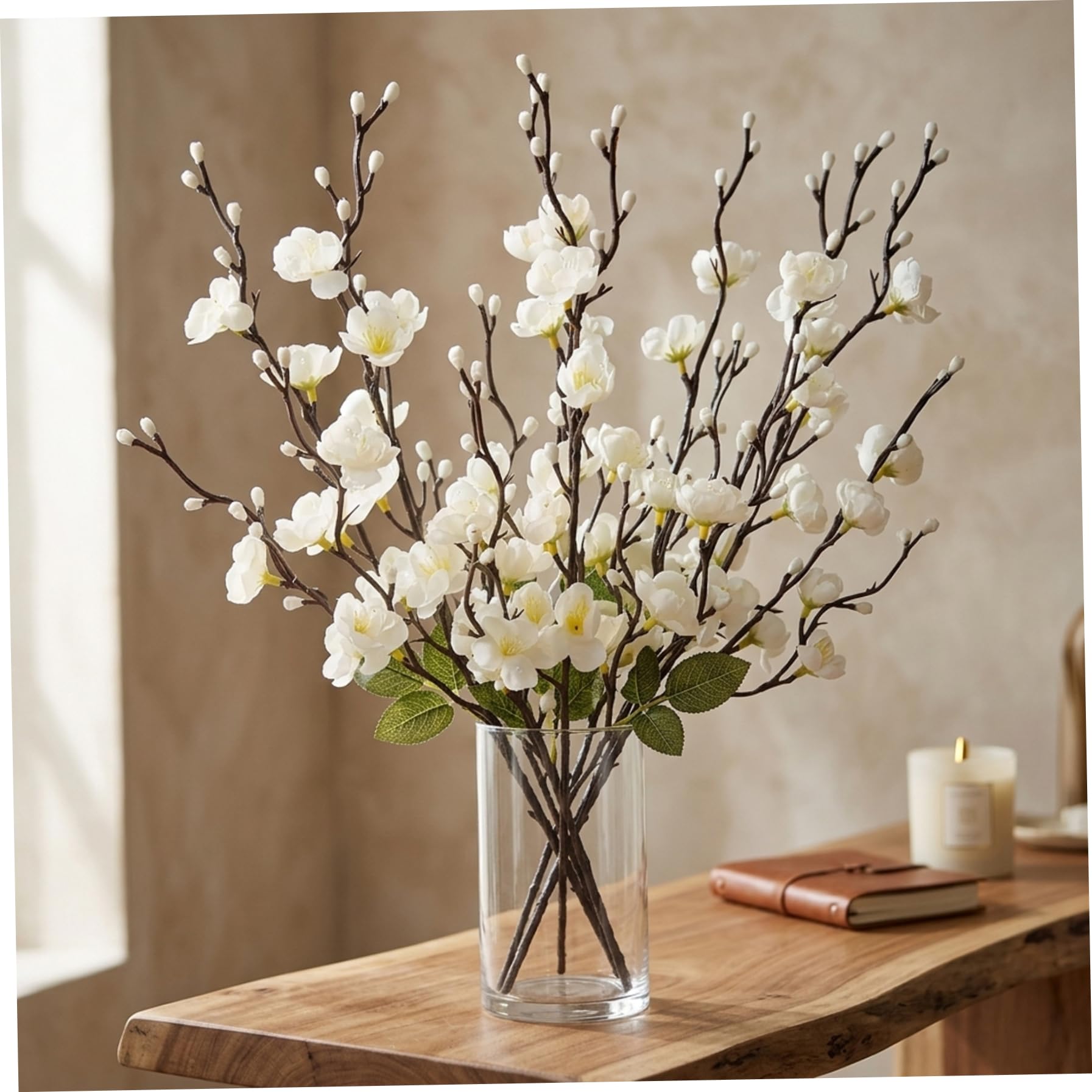 Comebachome White Plum Blossom Branches, 12 Pack Artificial Flowers With Long Stems For Home Office Wedding Decor, Realistic Plastic Silk Flowers, 21.7 Inch, Artificial, Plum Blossom