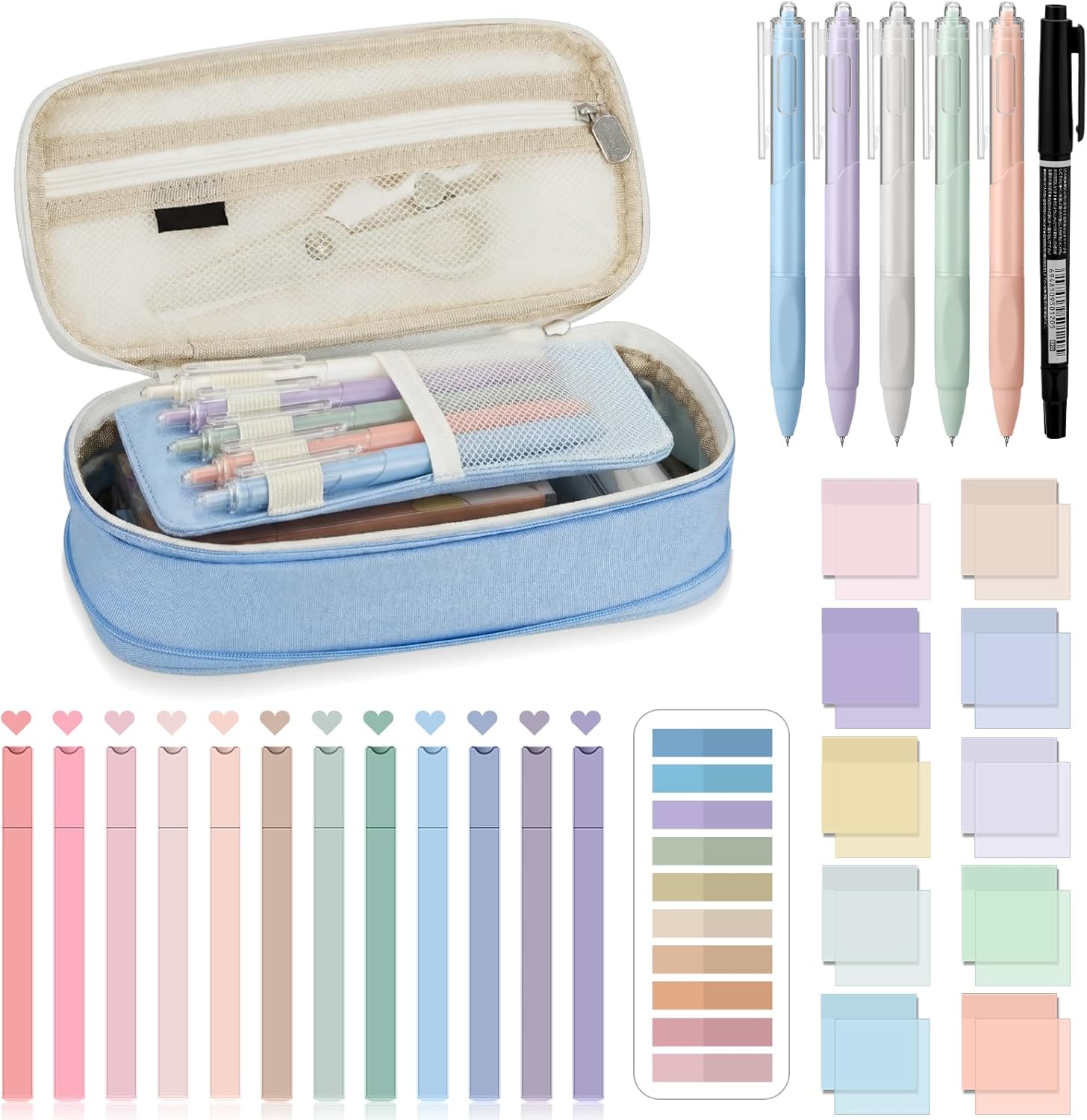 Jutom 39 Pcs Aesthetic Book Annotation Kit Highlighter with Pencil Case Bag Gel Pen Transparent Sticky Note Taking Bible Study College School Supplies(Light Blue,Cute Style)