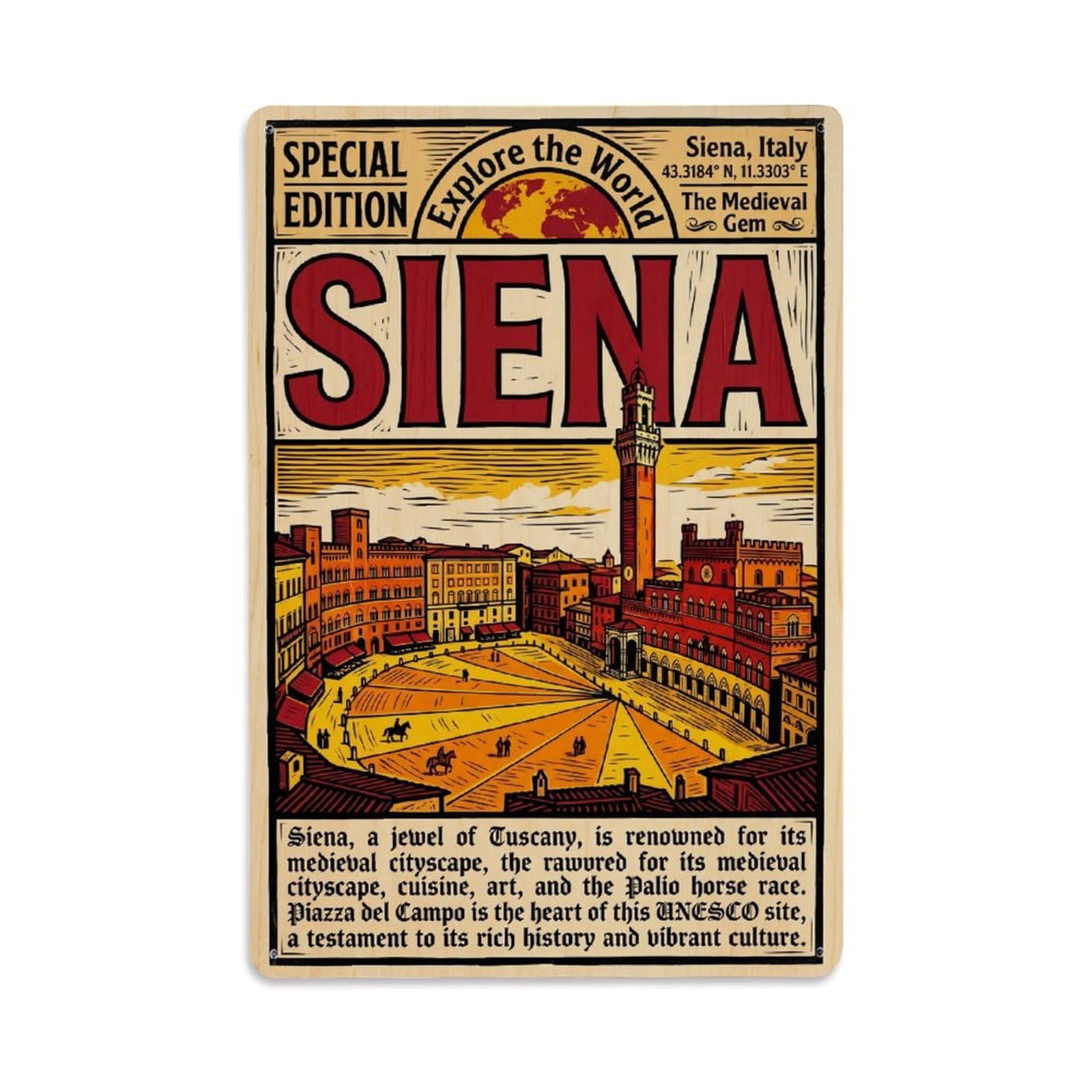 Olhnbad Style Cathedral Siena Italy Woodcut City Travel Metal Tin Sign