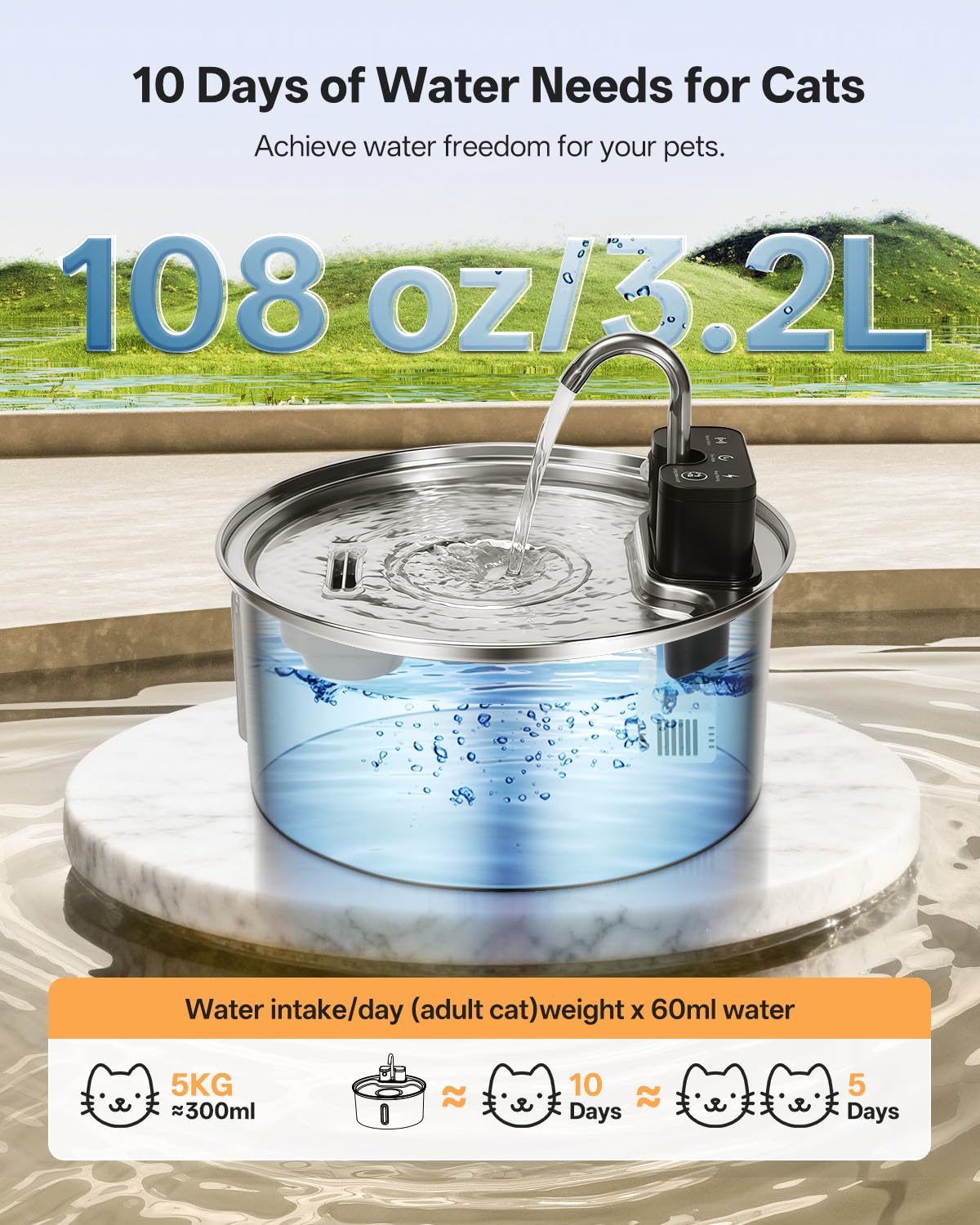 Fuente Para Gatos Inalámbrica Con Sensor De Movimiento Y Batería De 45 Días, Acero Inoxidable, 3.2 Litros, Incluye Filtro