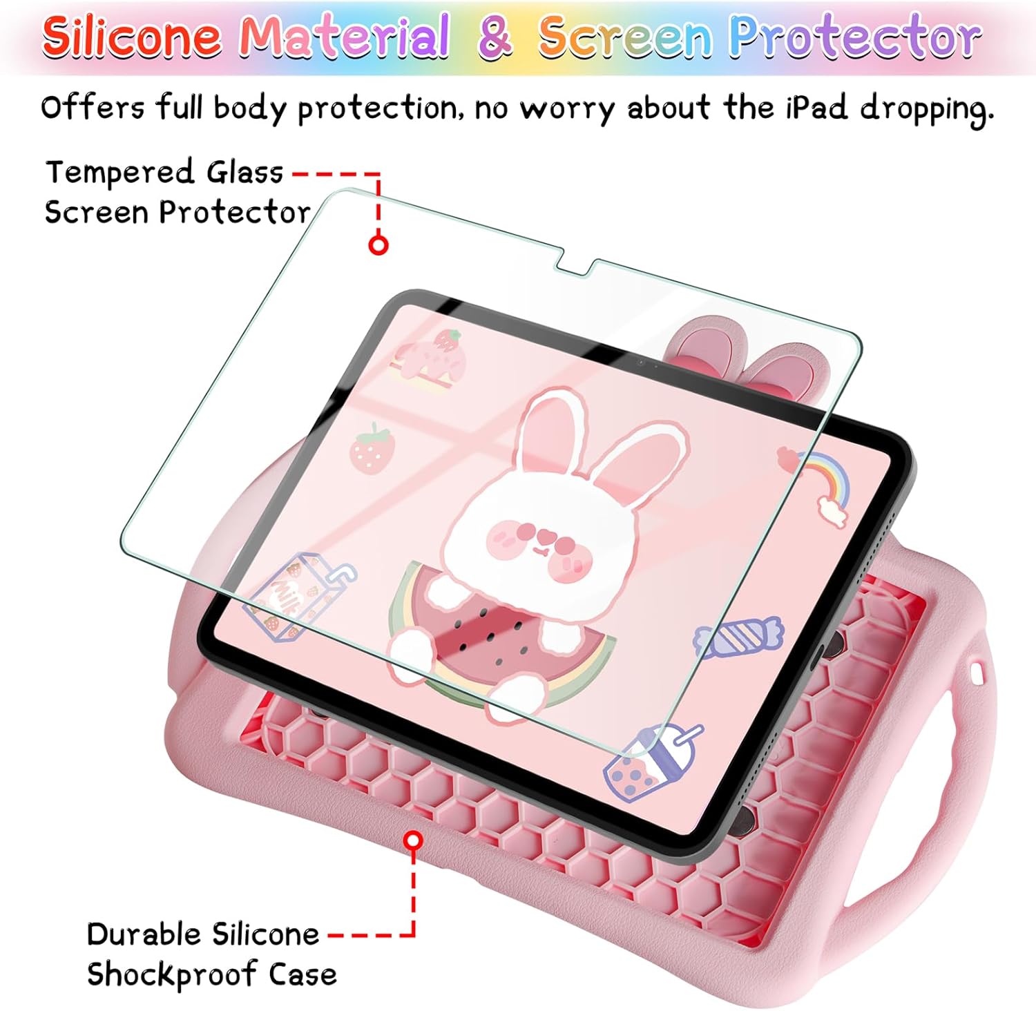 WESADN for iPad 10th Generation Case 10.9 Inch 2022 Kids Girls for iPad A16 Case 11th Gen 11 Inch 2025 with Screen Protector Shoulder Strap Kickstand Keychain Cute Rabbit Silicone Tablet Cover,Pink