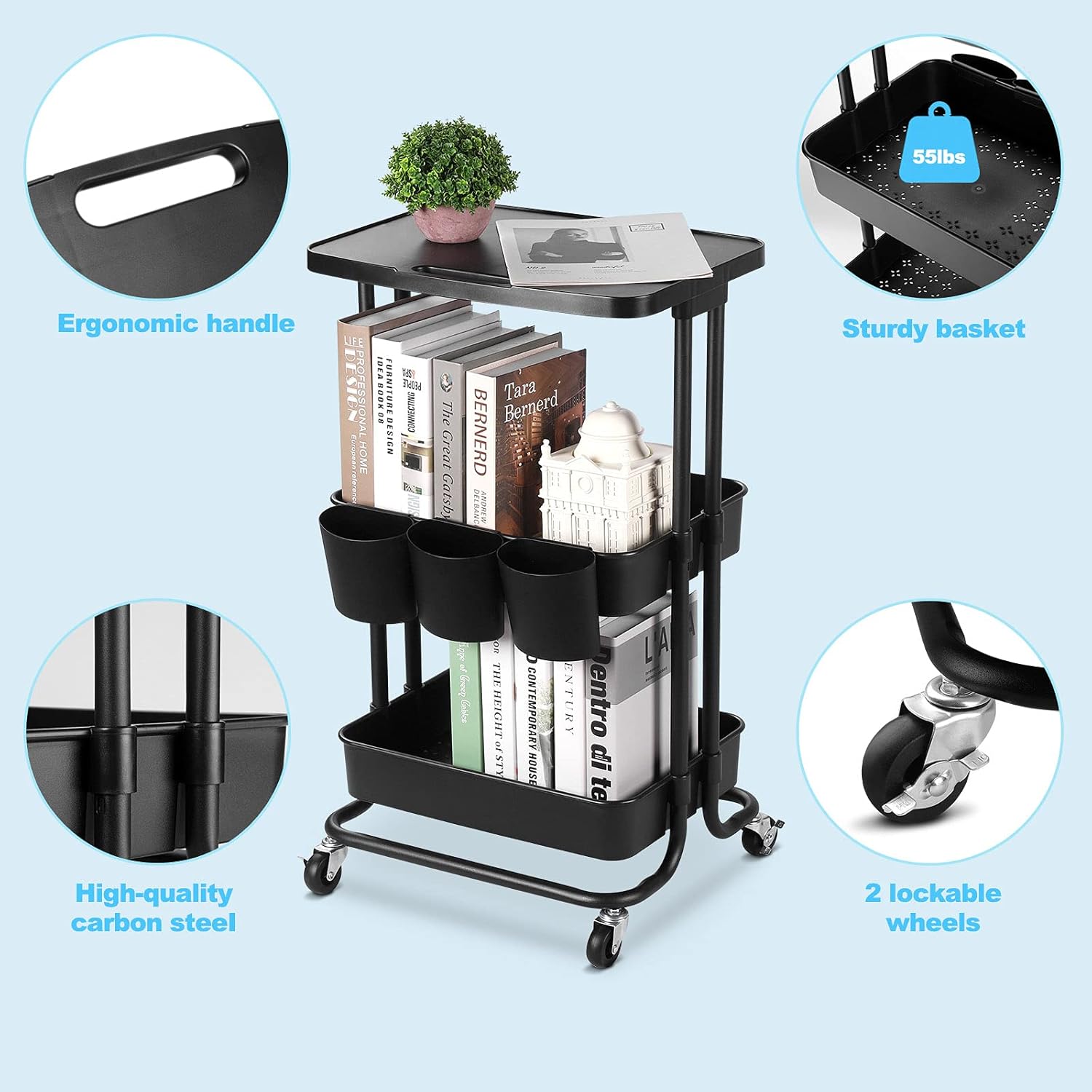 3 Tier Rolling Storage Cart with Practical Tabletop, Utility Rolling Cart with Control Handle,Trolley Organizer with Locking Wheels for Library Office Classroom Home Bedroom(Black) : Office Products