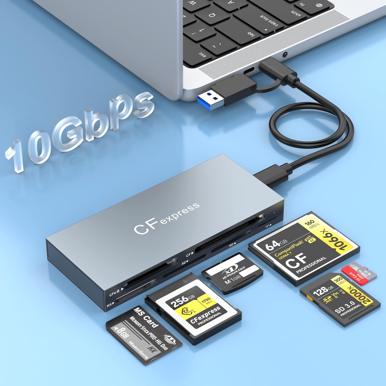 Lector de Tarjetas CFexpress Tipo B, Lector Múltiple 8 en 1 Compatible CFexpress Tipo B/CF/XD/MS/TF/SD/USB, Concentrador Lector USB 3.2 Gen 2 de 10 Gbps, Compatible Sistemas Windows/Mac/Linux/Android