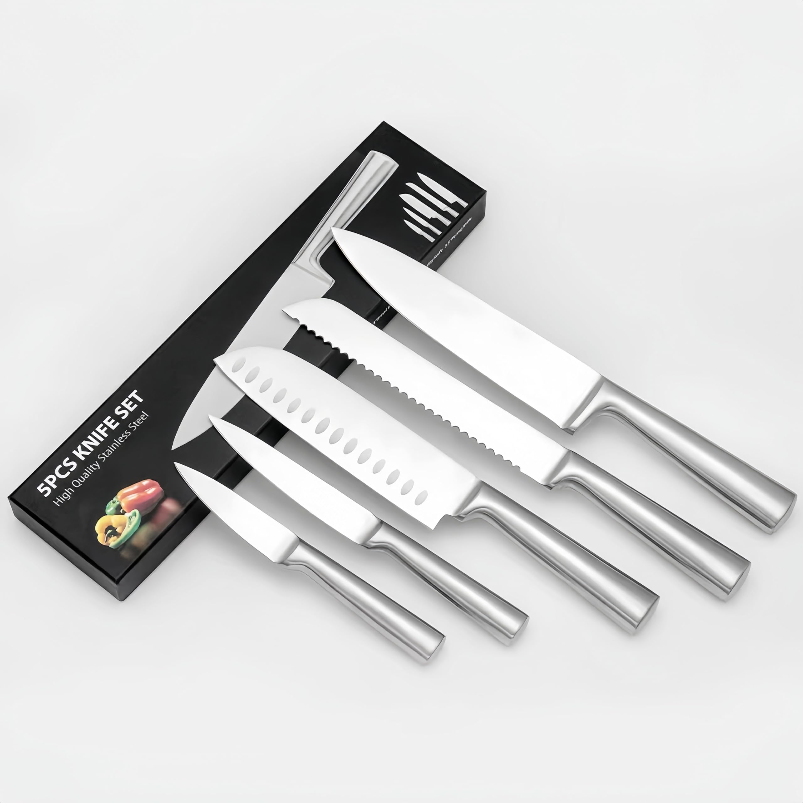 5-Piece Stainless Steel Chef Knife Set - Ultra-Sharp Blades, Ergonomic Handles, Cuts Meat/Veggies/Fruits Easily, Home/Pro Use, Dishwasher Safe, Rust-Resistant