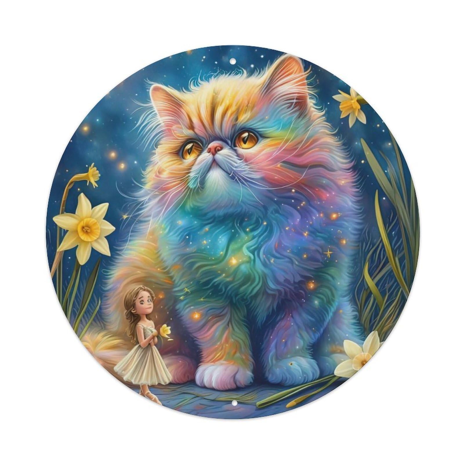 Persian Cat Fantasy with Rainbow Ballet Girl, Daffodils & Starry Galaxy Vintage Metal Tin Sign Plaque Wall Decor for Cafe, Club Bar, Office, Garden Metal Poster 8x8Inch
