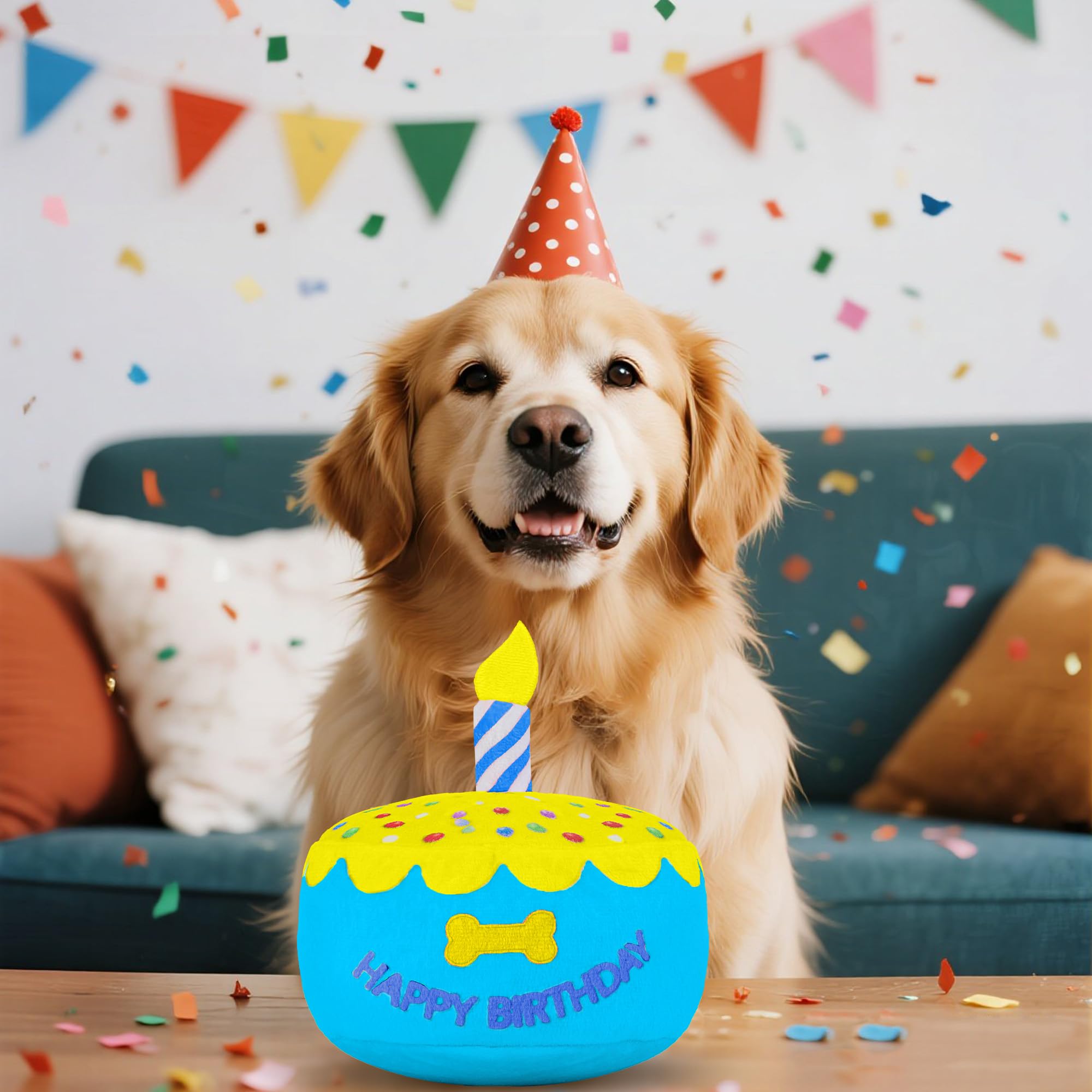 Zabawka dla psa, tort urodzinowy 15 cm, większy, pluszowy prezent dla psa, z elektroniczną pozytywką, gra 'Happy Birthday' piosenka i melodia szczeka, dekoracja imprezowa dla wszystkich