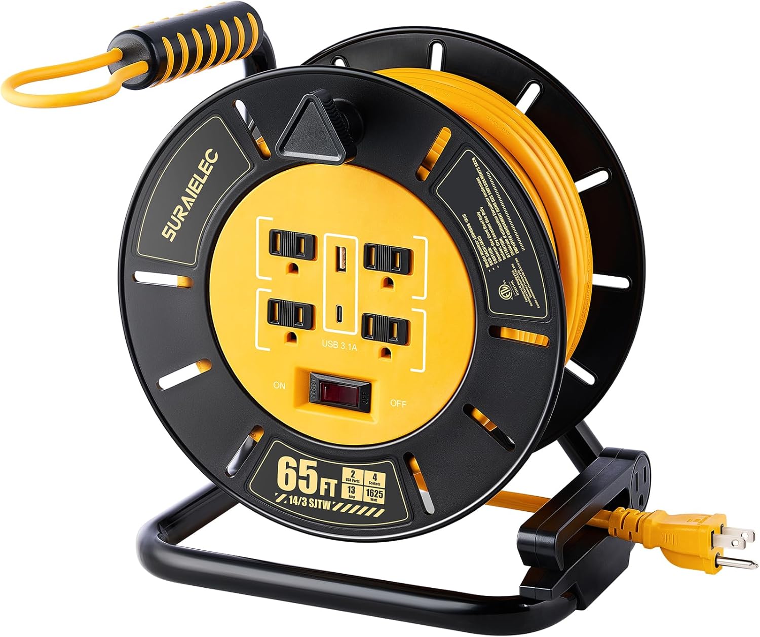 SURAIELEC 65 FT Extension Cord Reel with 4 Grounded Outlets, USB-A & USB-C Ports, 14AWG Heavy Duty Power Cord, 13A 1625W, Portable Hand Crank for Indoor Outdoor Use, ETL Listed