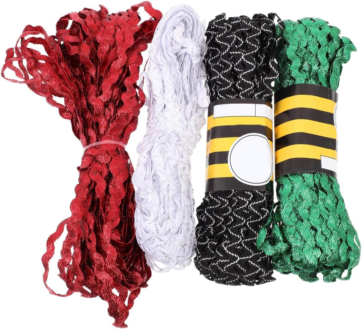 SEWACC 4 Rolls 5mm Wave Rickrack Sewing Ribbon Trim for DIY Crafting, Flower Making, Wrapping, Red Green White Black White Decorative Ribbon for Sewing and Embellishments