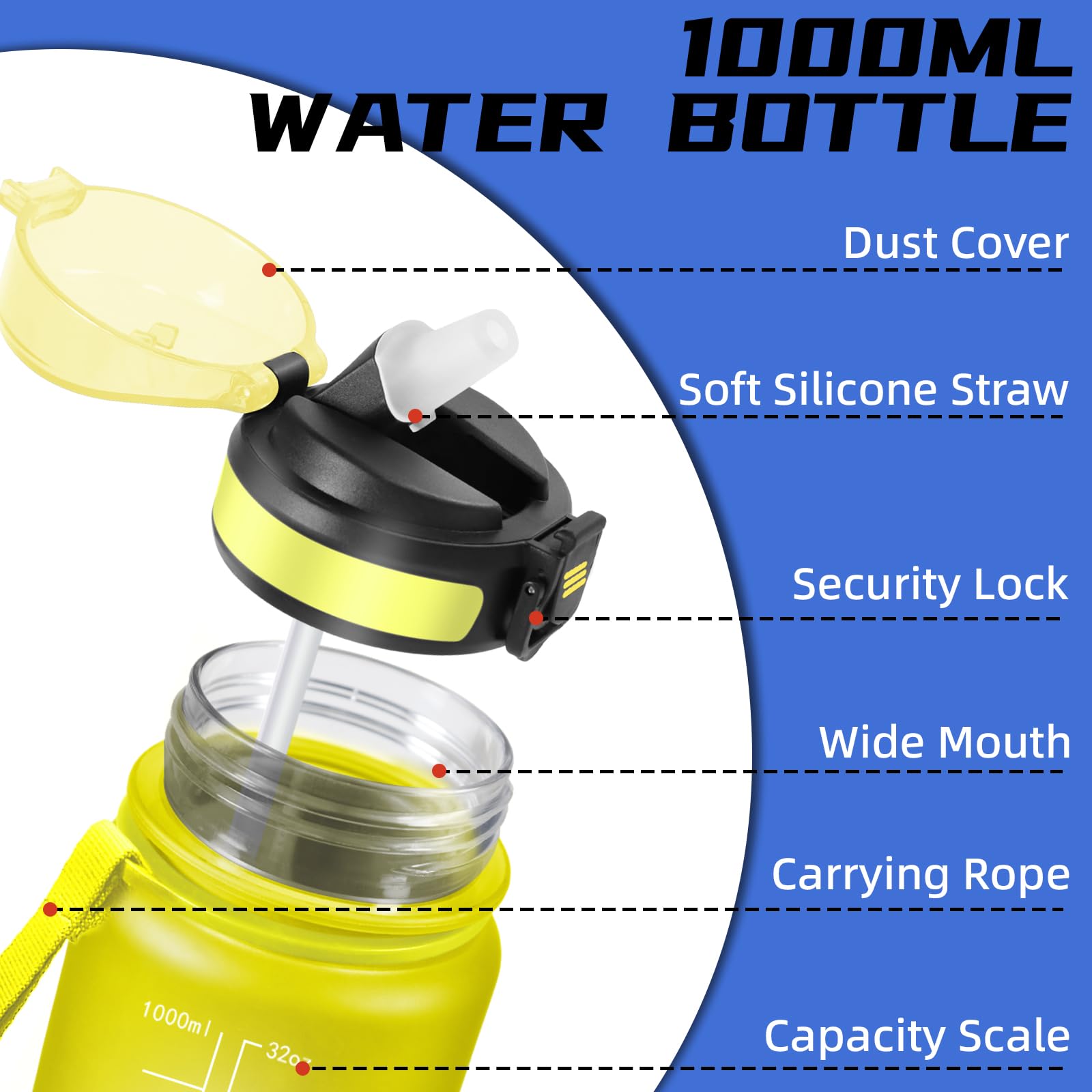 Borraccia 1 litro, Borraccia con Cannuccia, Senza Perdite, Bottiglia 1 litro, Facile da Pulire, Water Bottle Motivazionale, Con Chiusura di Sicurezza, Borracce per Campeggio, Ciclismo, Viaggio, Yoga