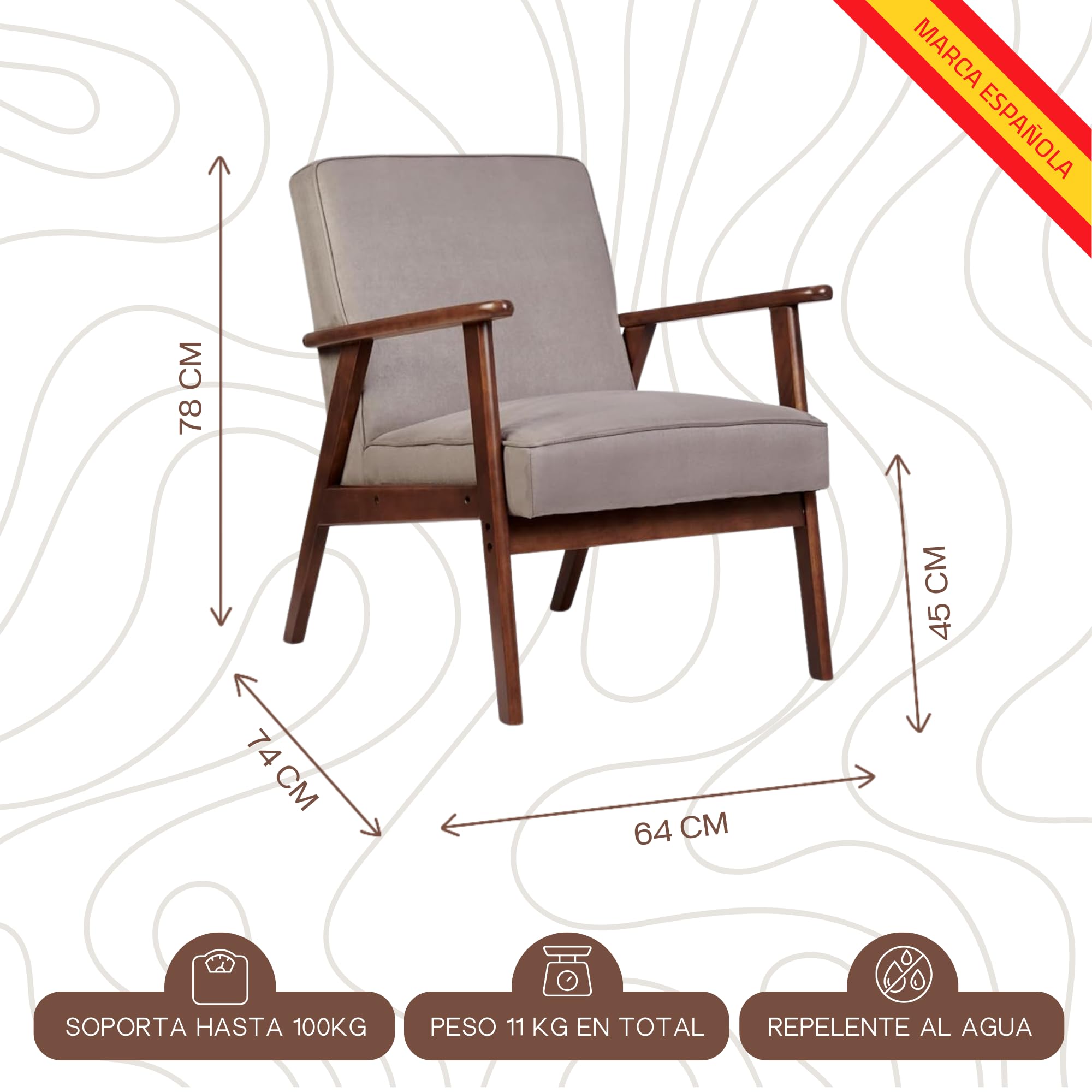 HOME DESIGN & CONFORT Butaca Roma Antimanchas de Estilo nórdico - Butacas de Salon Madera Maciza - Butaca Dormitorio (Beige/Nogal)