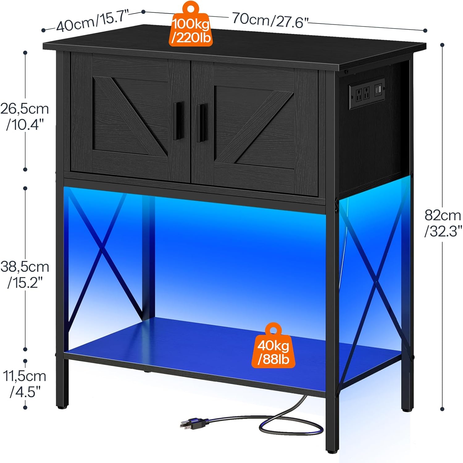 Diagram showing the dimensions of the HOOBRO fish tank stand and weight capacities for top and bottom shelves.