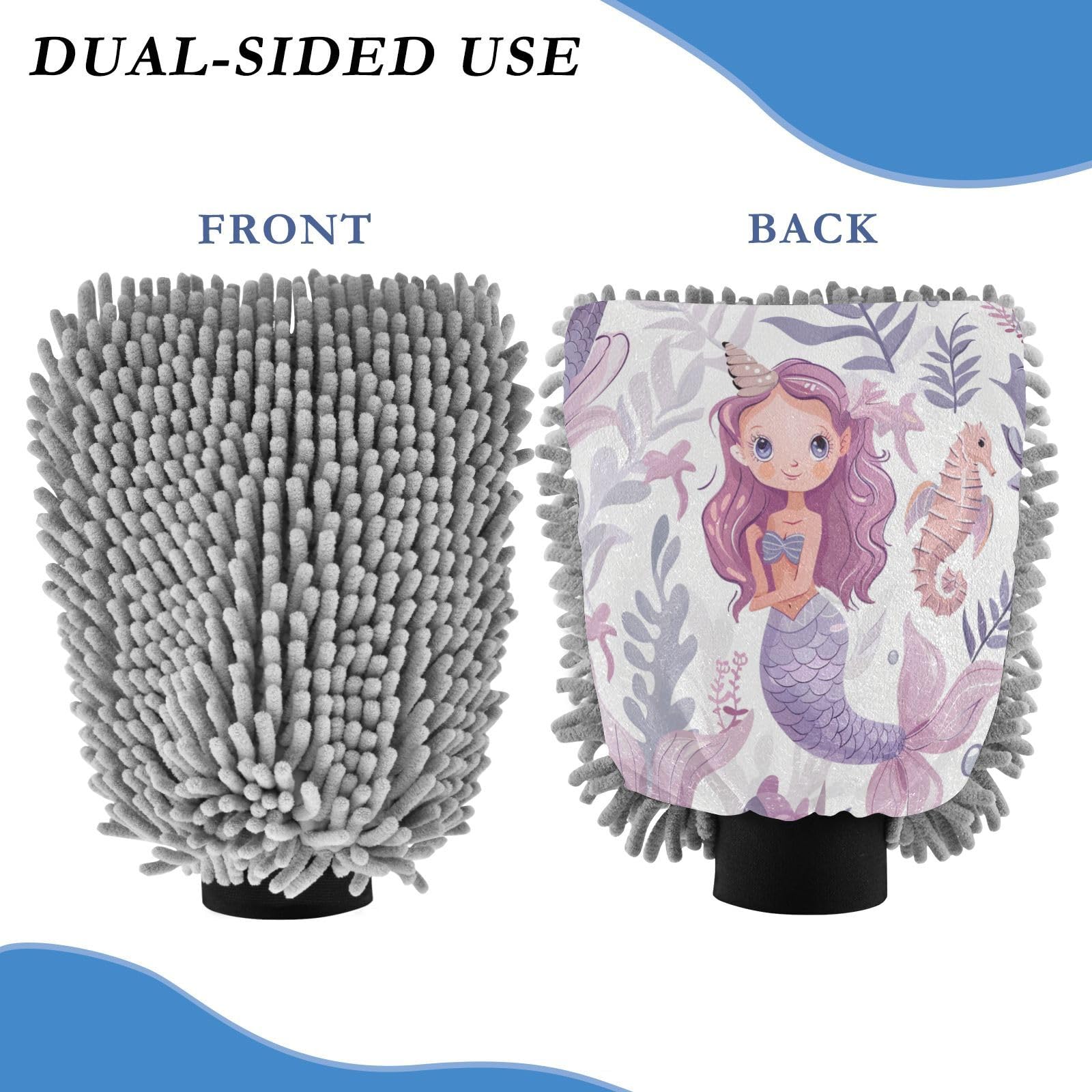 ALAZA Mermaid Seahorse Car Wash Mitt Scratch Free, 2 Pack Absorbent Microfiber/Chenille Washing & Drying Mitts, L