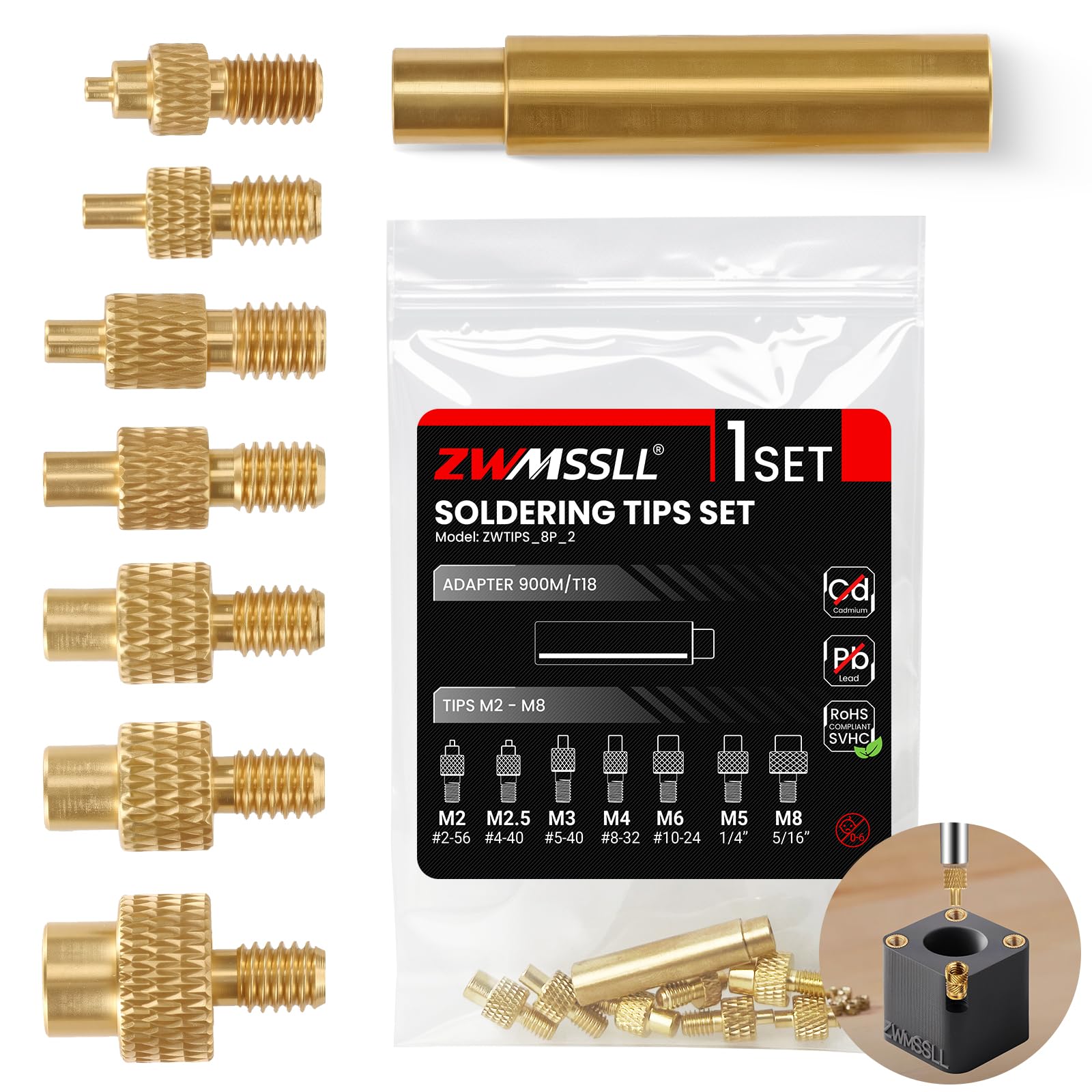 8Pcs Soldering Tips/Heat Set Insert Tips for Thread Inserts M2M2.5M3M4M5M6M8#2-56#4-40#8-32#10-24 1/4", Compatible with T18 ST 900M FX888D FX600