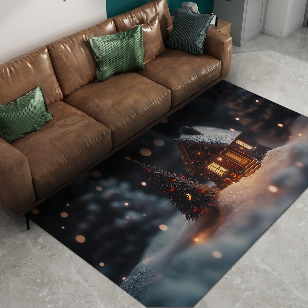 Decoración navideña Zona navideña Alfombra Lavable Antideslizante Alfombra Fina Alfombra Pino nevado Bosque de cabaña Alfombras acogedoras para el salón Dormitorio Sala de Juegos 160x230cm
