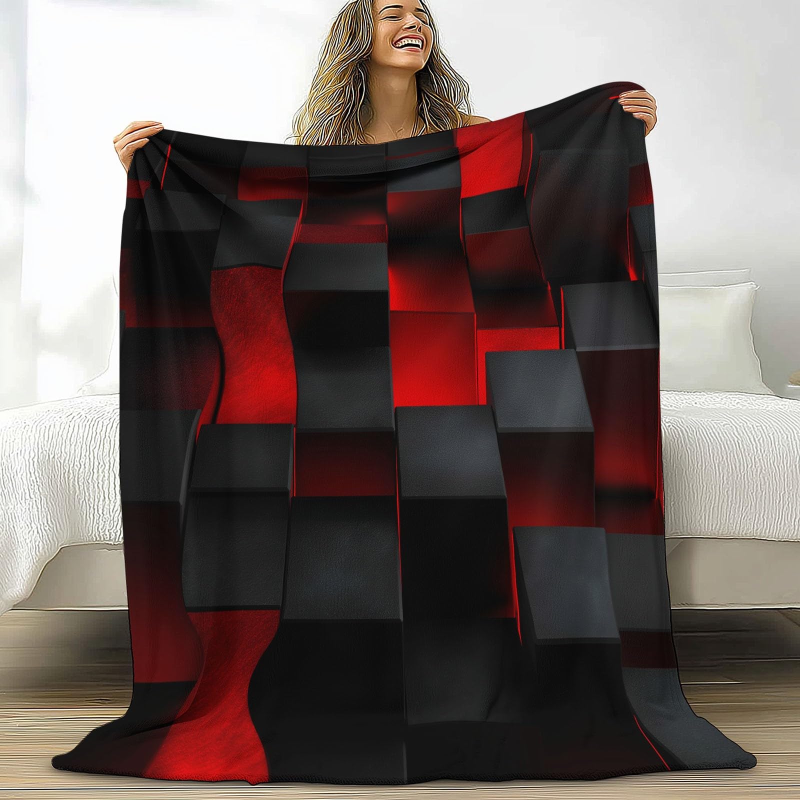Plaid couverture polaire flanelle rouge noir microfibre douce jeté canapé