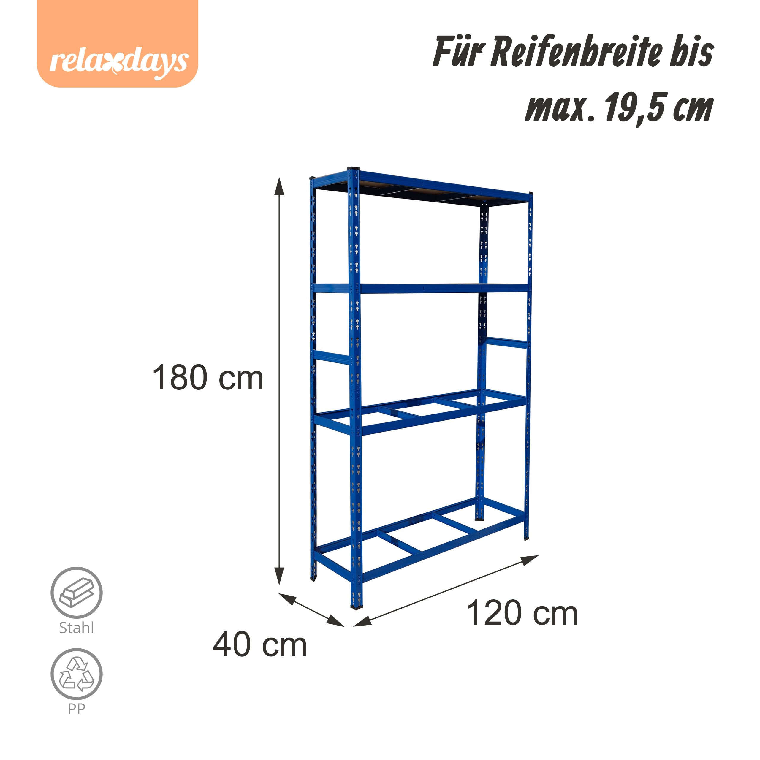 Relaxdays Reifenregal für 12 Reifen, HxBxT 180 x 120 x 40 cm, 600 kg, Stahl, Stecksystem, Reifenlager Werkstatt, blau