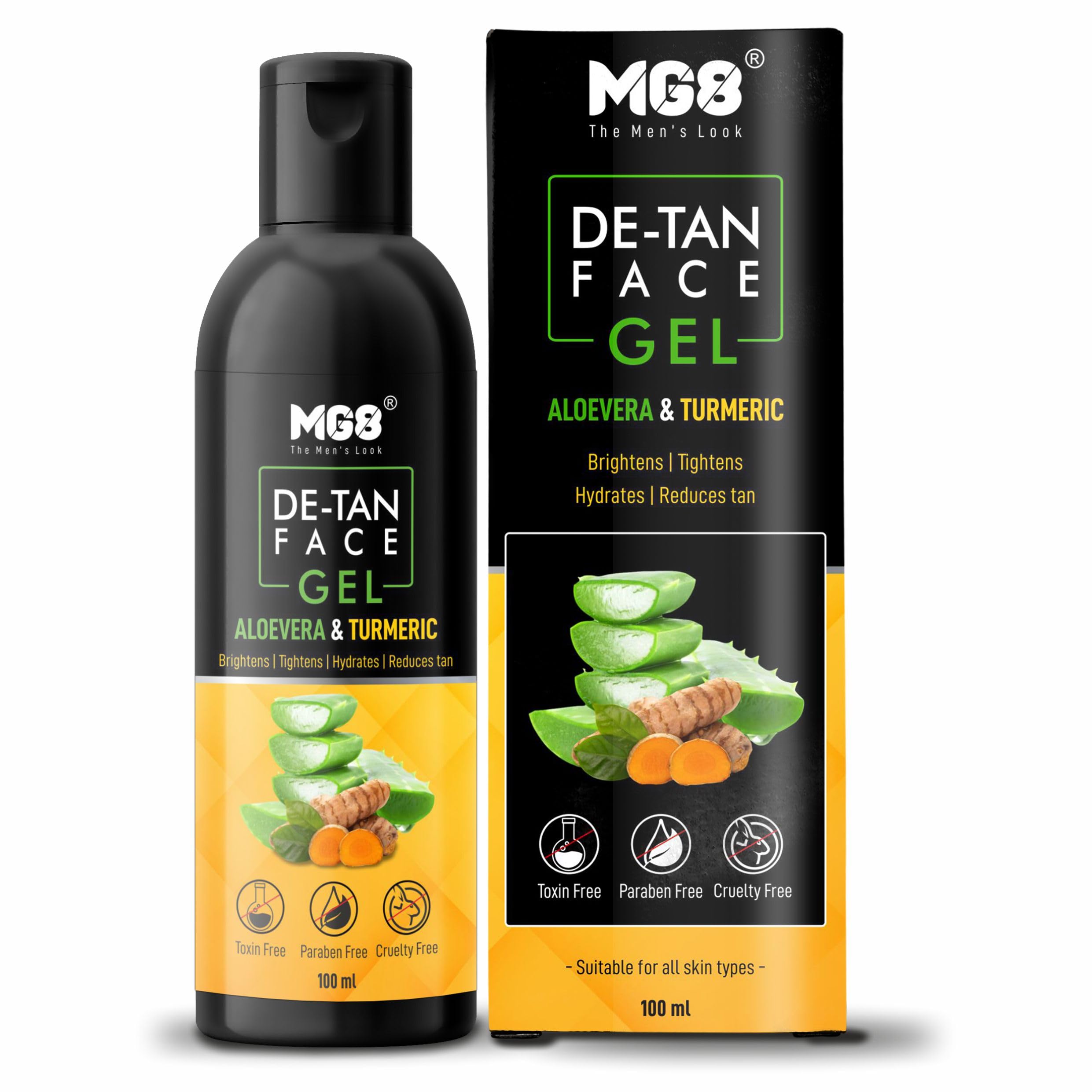 MG8 DE-TAN Face Gel 100ML, With Aloevera & Turmeric For Tan-Removal | Remove Dullness & Give A Glowing Skin
