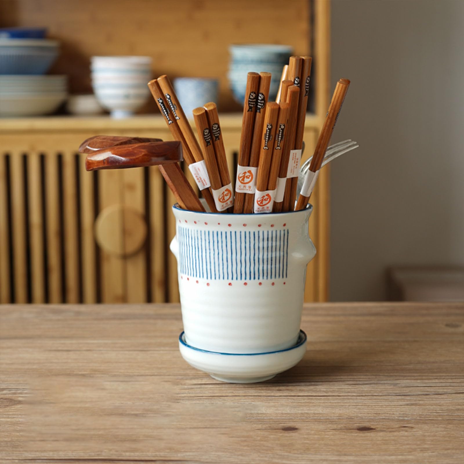 Scolaposate giapponese in ceramica per bacchette, scolapiatti, portaposate con manico, supporto per bacchette per cucina (blu, 10,16 cm)