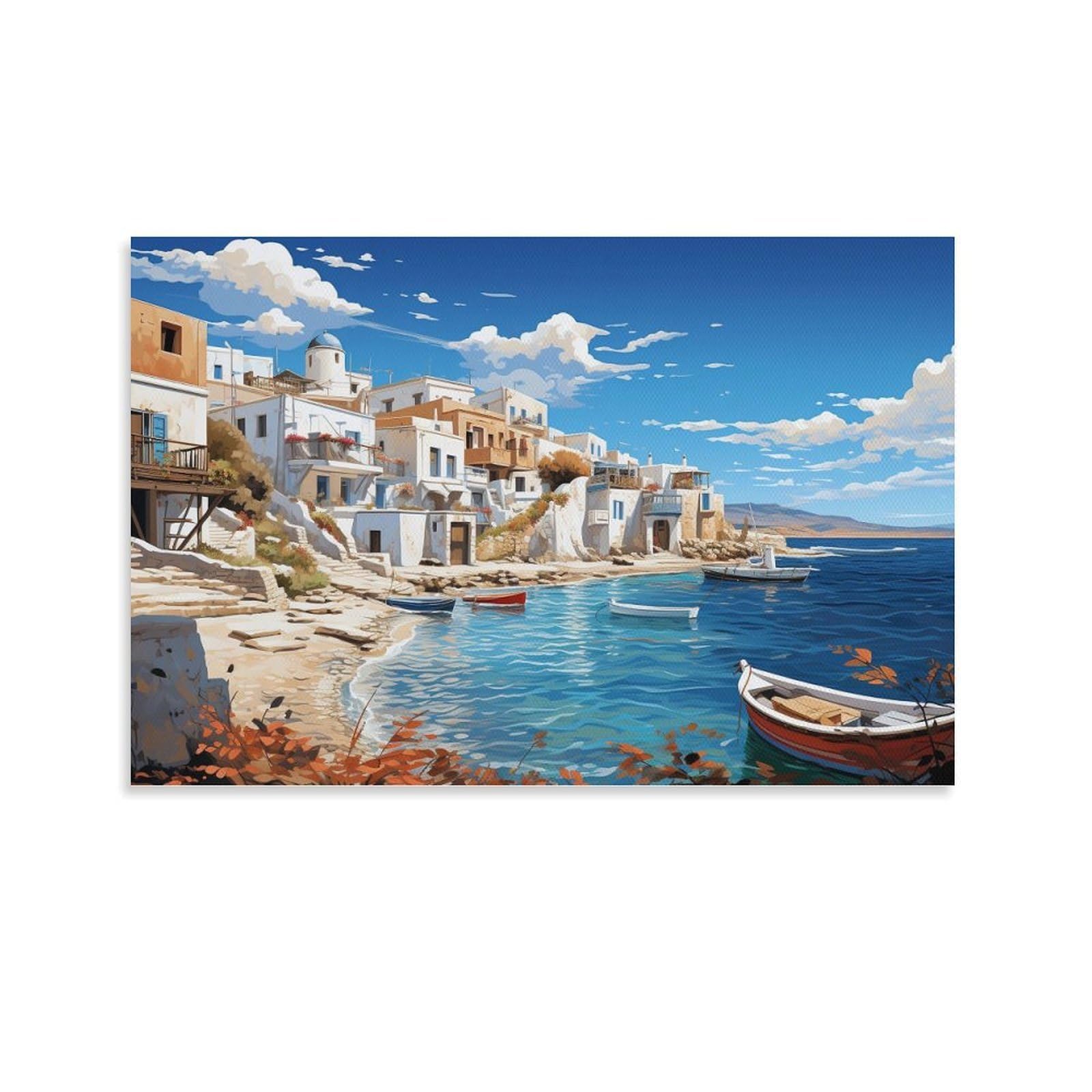 CPLVKWRQJ Coastal City Single Greek Coastal Village Painting Framed Wall Art - Living Room Focal Point Ready to Hang Fade Resistant Wall Artwork 20x30inch(50x75cm)
