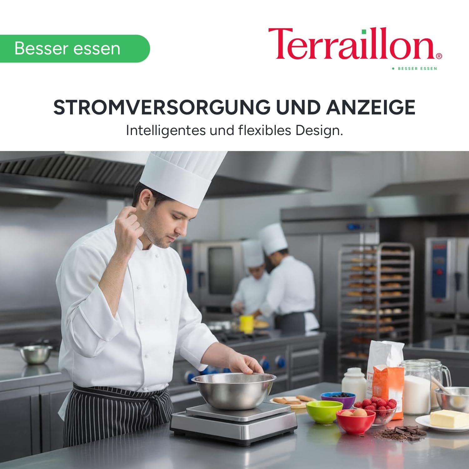 TERRAILLON - PRO 10 – Professionelle elektronische Küchenwaage, groß, abnehmbarer Tablett, Edelstahl, 29 x 18 cm, IP67, Kapazität 10 kg, Skala 1 g, LED-Display mit Hintergrundbeleuchtung – Edelstahl