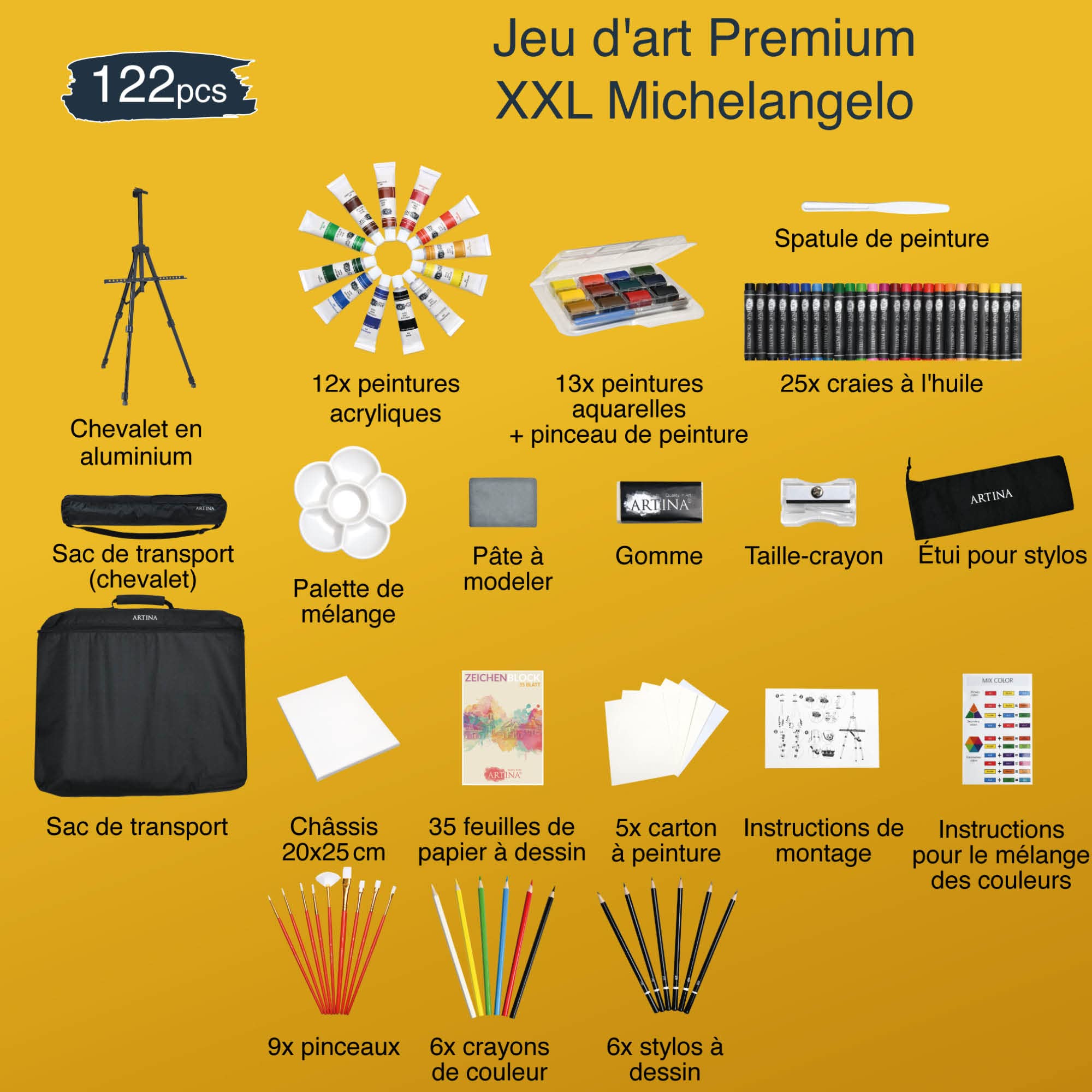 Artina kit XXL avec chevalet 122pcs peinture acrylique pour tout âge Toile