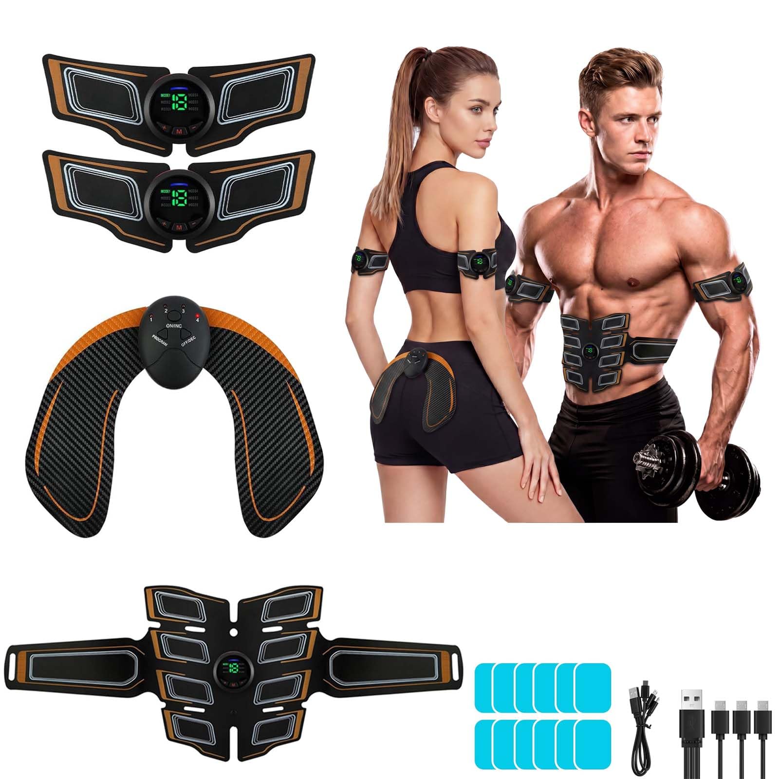 Aolso EMS Muscle Stimulator, ABS Trainer Muscle Stimulator, ABS Machine with 6 Modes & 18 Intensities, 4 Machines, 4 Patches, 12 Gel, Electric Abdominal Toner for Men and Women