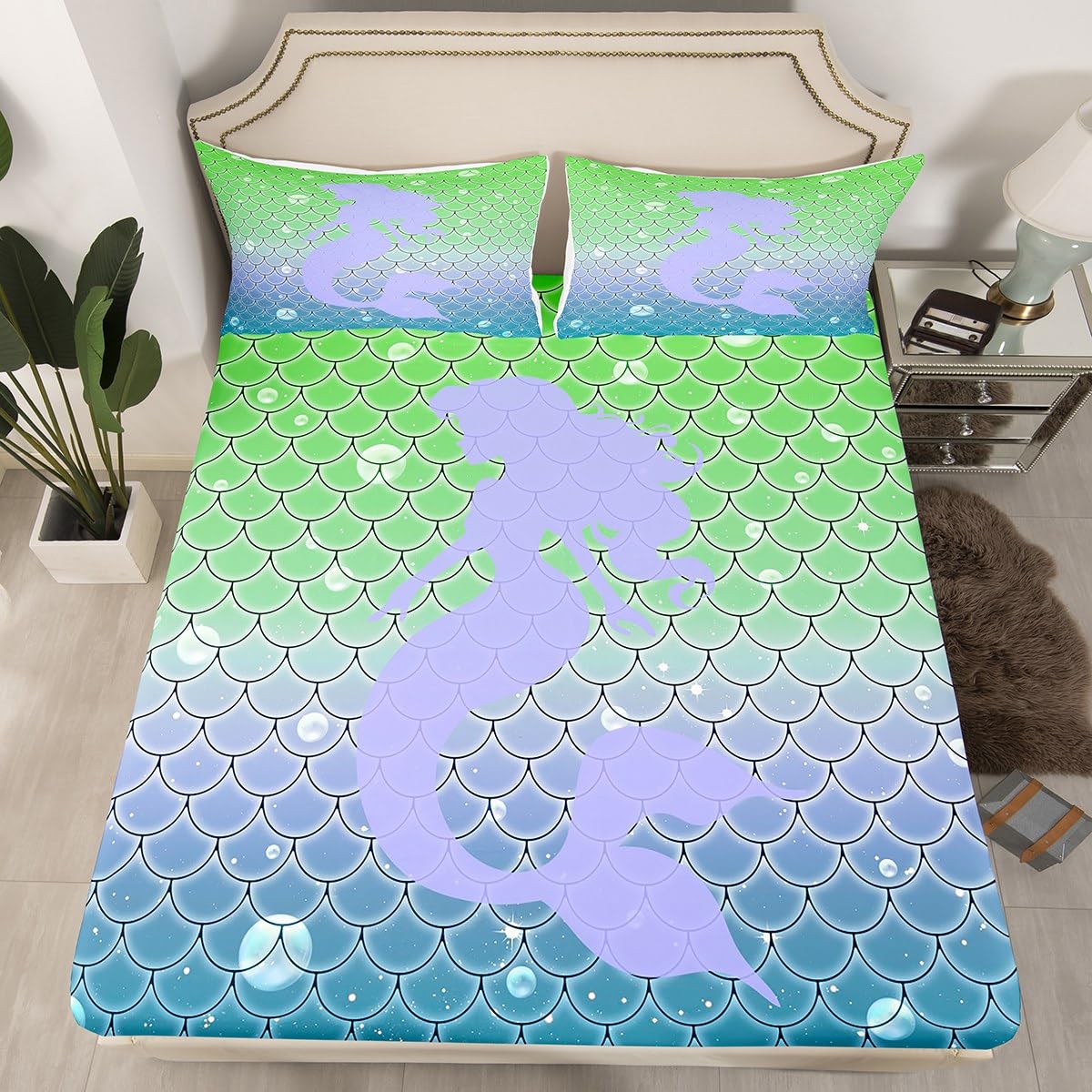 jejeloiu Mermaid Fitted Sheet Full Size Princess Decor Bedding Set for Girls Teens Purple Bed Sheets Set Breathable Soft Lightweight Microfiber