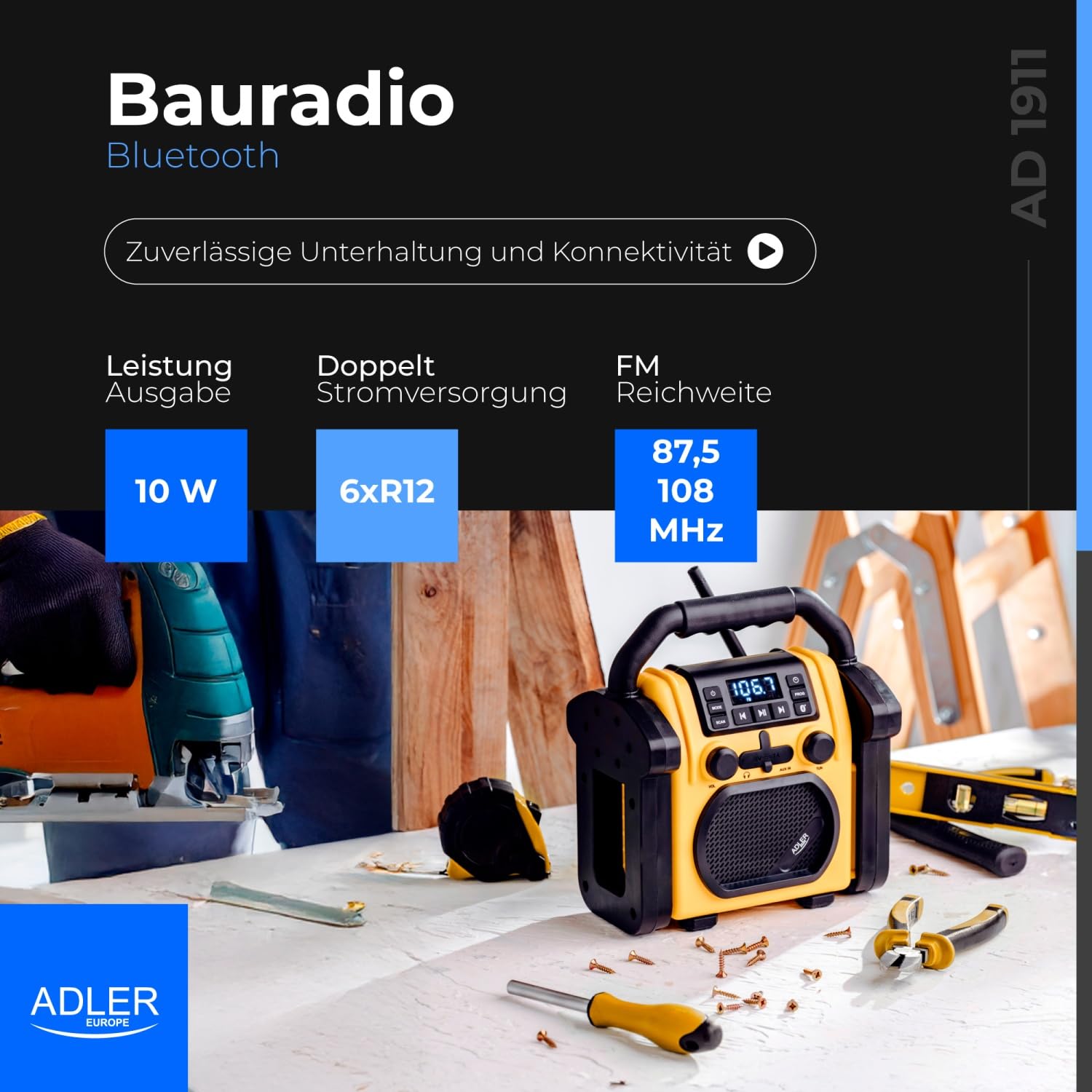Adler AD 1911 - Radio para Obras con Bluetooth V 5.1, Dual Power (batería y Red) IPX54 Protección contra el Polvo y el Agua, AUX y Conector para Auriculares, diseño Robusto, 10 W, Amarillo/Negro