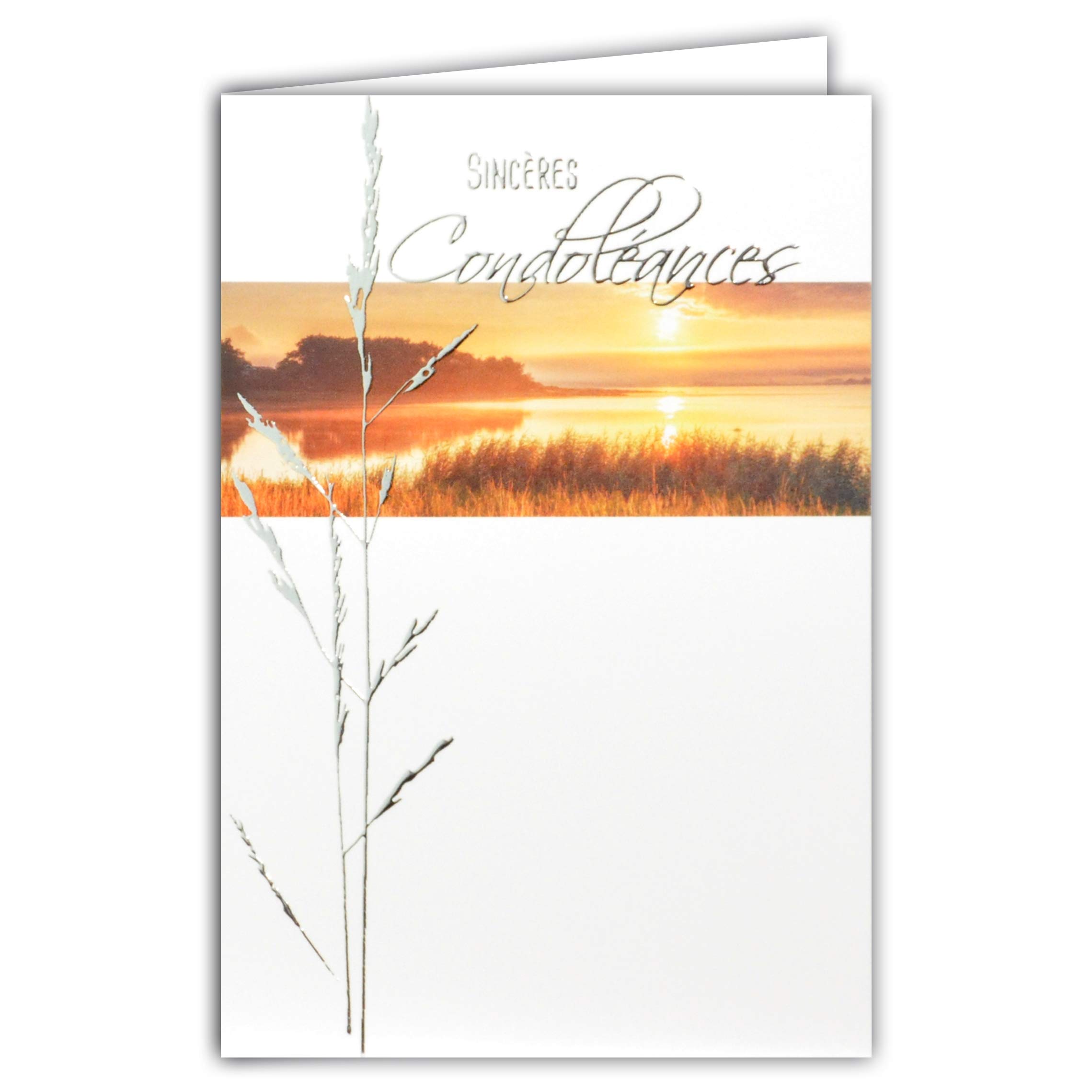 Grey Silver Shiny Greyscale Condolence Card - Perpetual Landscape - Sunset - Water Lake Grass - Made in France