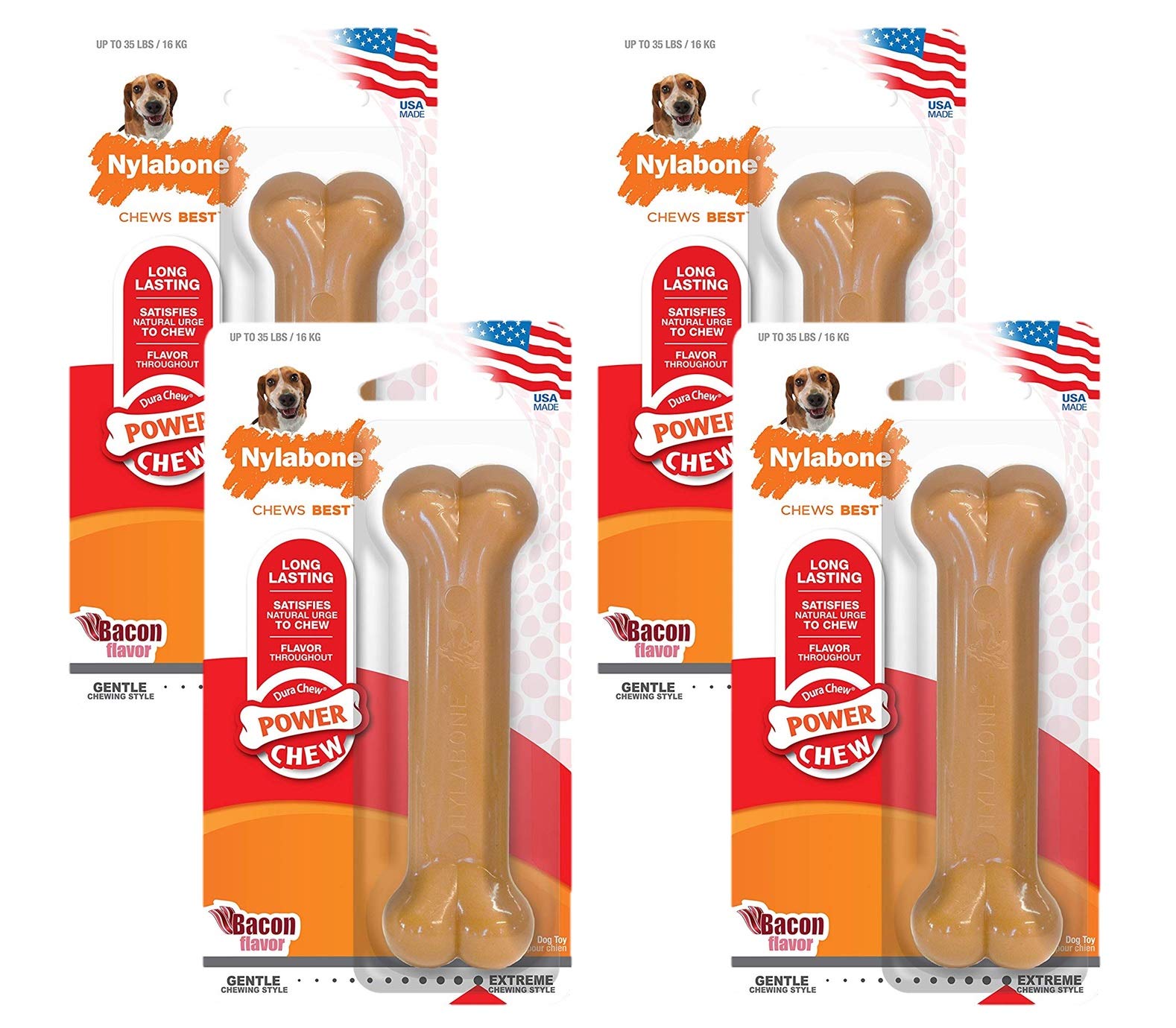 Nylabone 4 Pack of Bacon Flavor Power Chew Bones, Wolf, for Dogs up to 35 Pounds