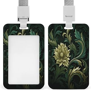Sliding Green Flowers Id Badge Holder with Breakaway Lanyard | Vertical Name Tag, Clear Front Window, Push Slide, Card Protector, Gift for Nurse Doctor Teacher Work Office Staff Supplies