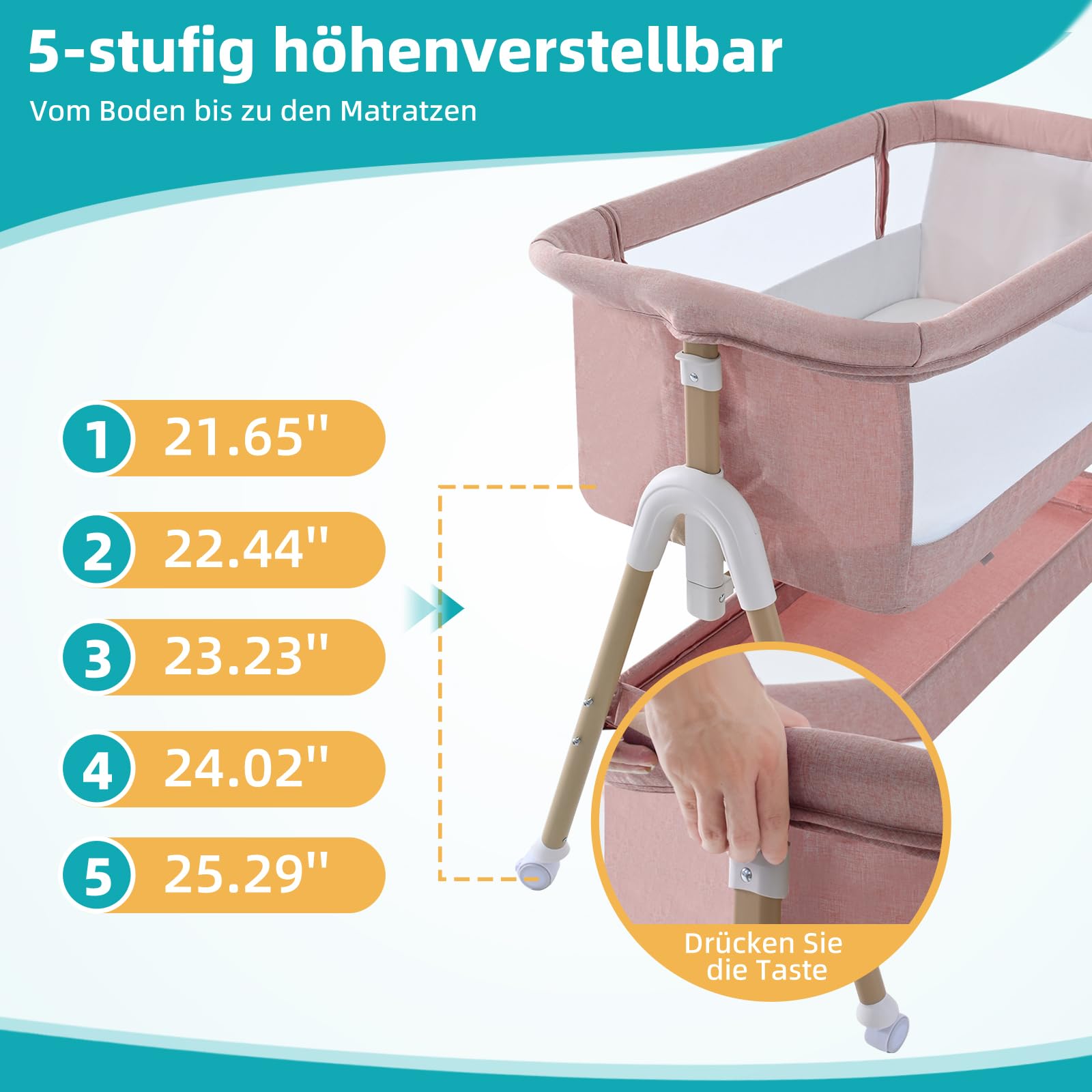 Beistellbett Baby 3 in 1 Tragbar Reisebett mit Matratze Höhenverstellbar Verstellbare Höhe & Neigung 6 abschließbare Räder Baby Co-Sleeper für Neugeborene Kleinkind Rosa
