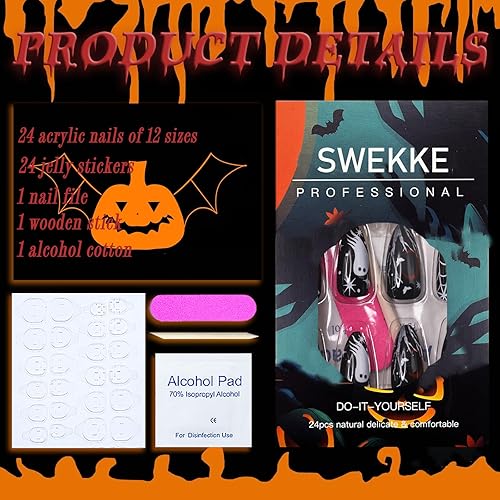 Miniatura 12 de Uñas postizas a presión de Halloween, cuadradas, medianas, francesas, color negro, degradado, cobertura completa, calavera, corazón rosa, con Uñas