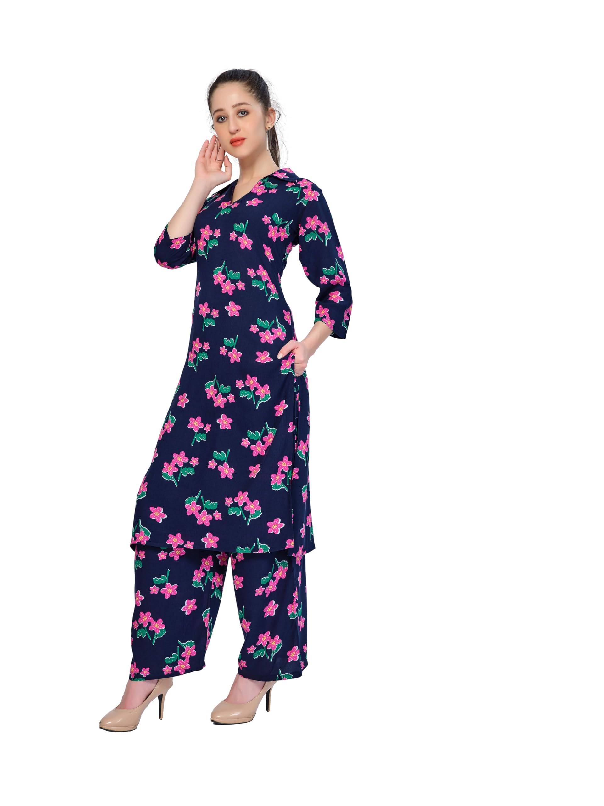 purple & pink Rayon Viscose V-Neck Kurta Pajama Set for Women - Floral Print | Comfortable Nightwear & Casual Wear | Pyjama Set-picture-31