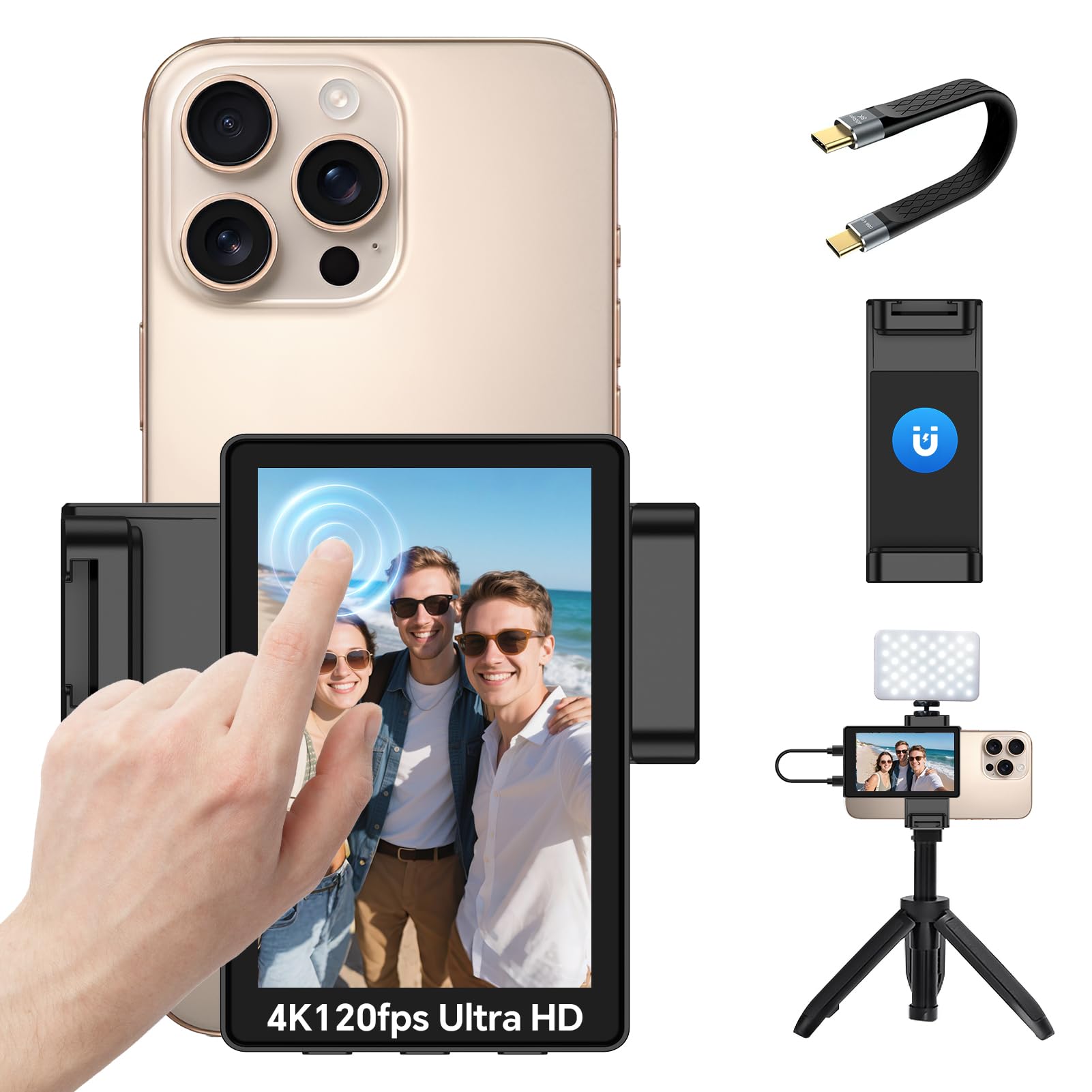 Phone Vlog Selfie Monitor AssistiveTouch Screen, Magnetic Phone Holder Clip Mount, Supports 4K120FPS, Rear Camera for Selfie Vlog Or Live Stream (OM01 Touchscreen iPhone)