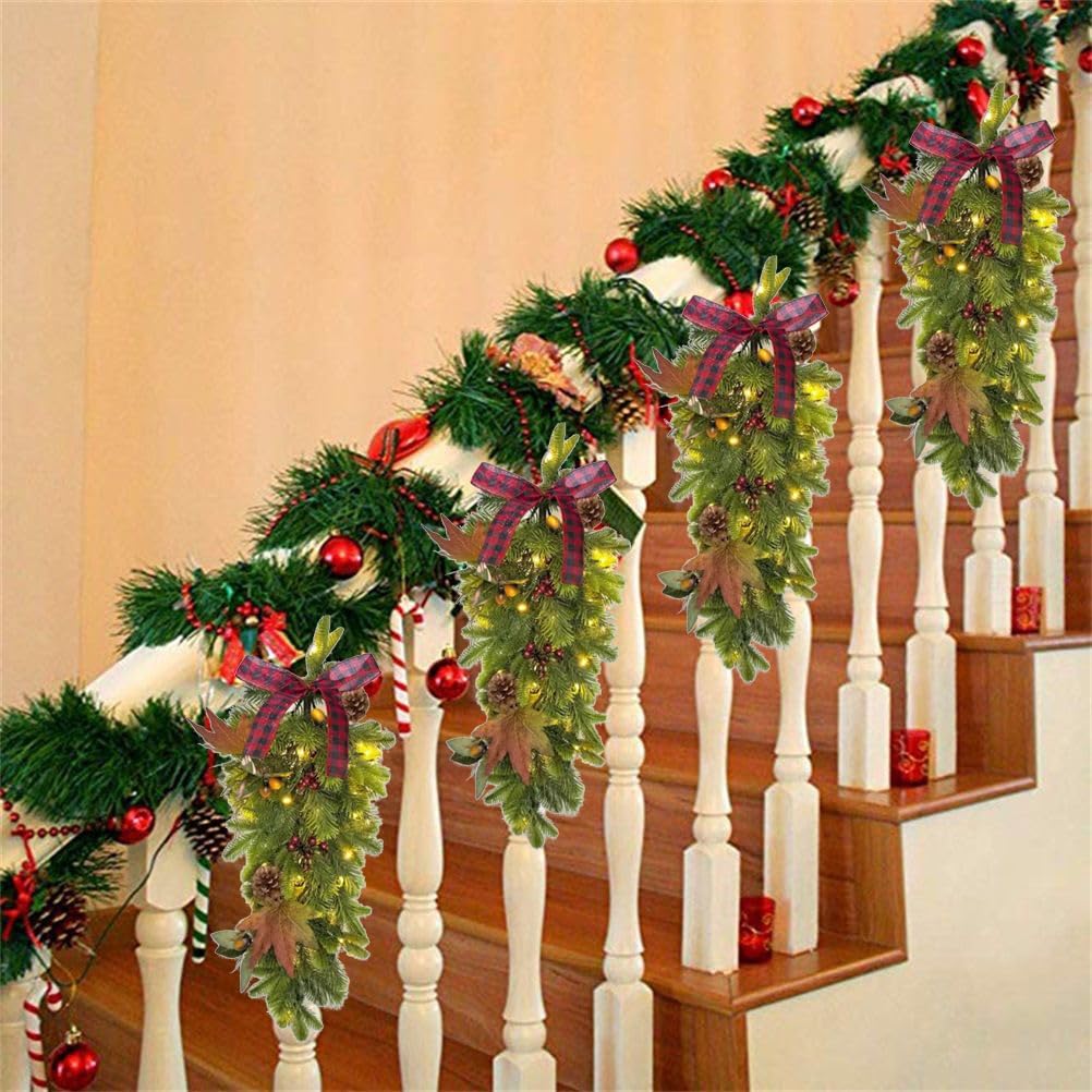 Christmas Teardrop Swag 17.7 Inch Prelit Pine Branch Swag Stairway Swag Tear Drop Christmas Wreath with LED Artificial Swag Wreath Decoration for Door Indoor Outdoor Home Hanging Decor (3pc)