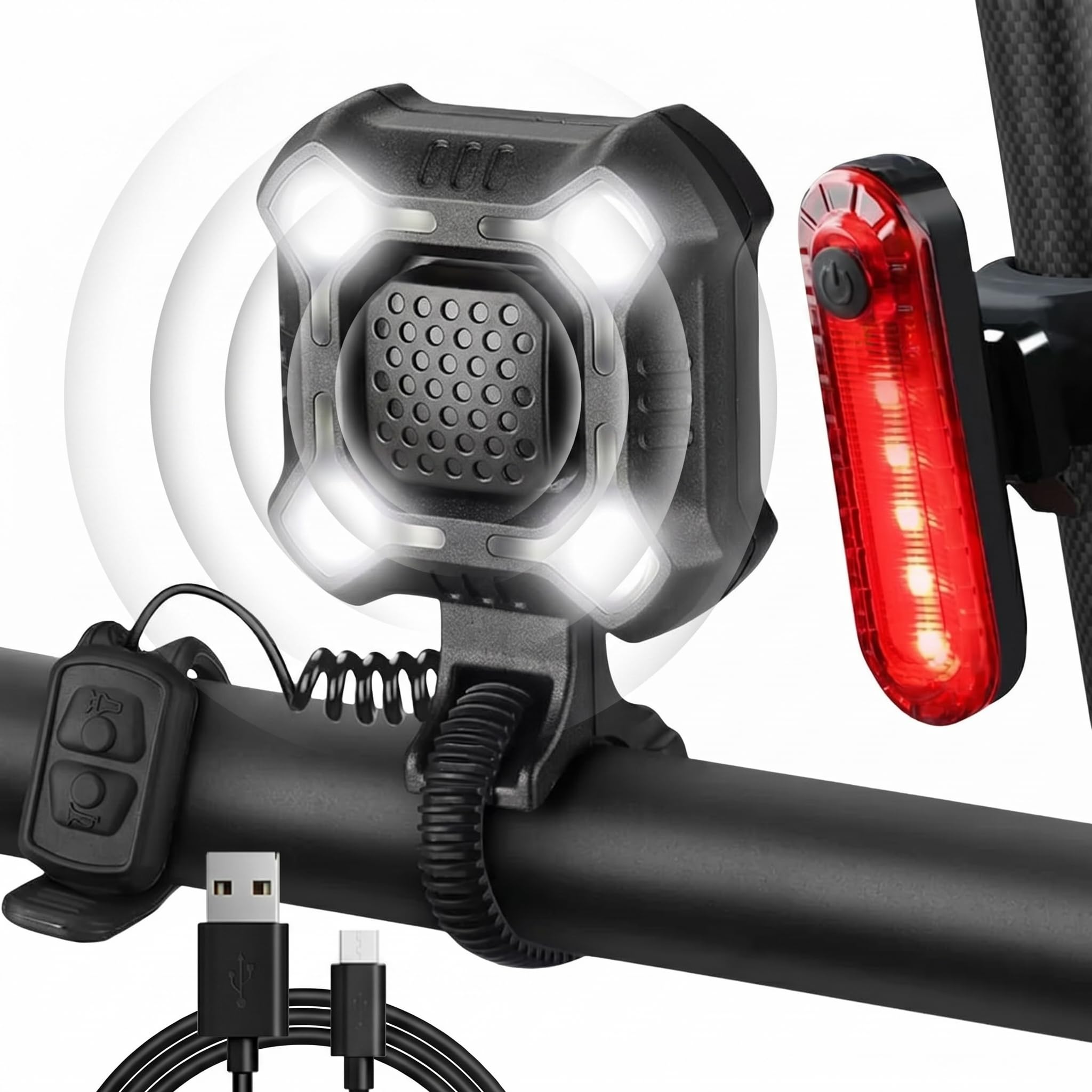 Klaxon de vélo 140 dB avec feux avant et arrière, sonnette de vélo rechargeable par USB avec phare LED à large faisceau, résistant à l'eau IPX6, pour la conduite de nuit et les trajets quotidiens