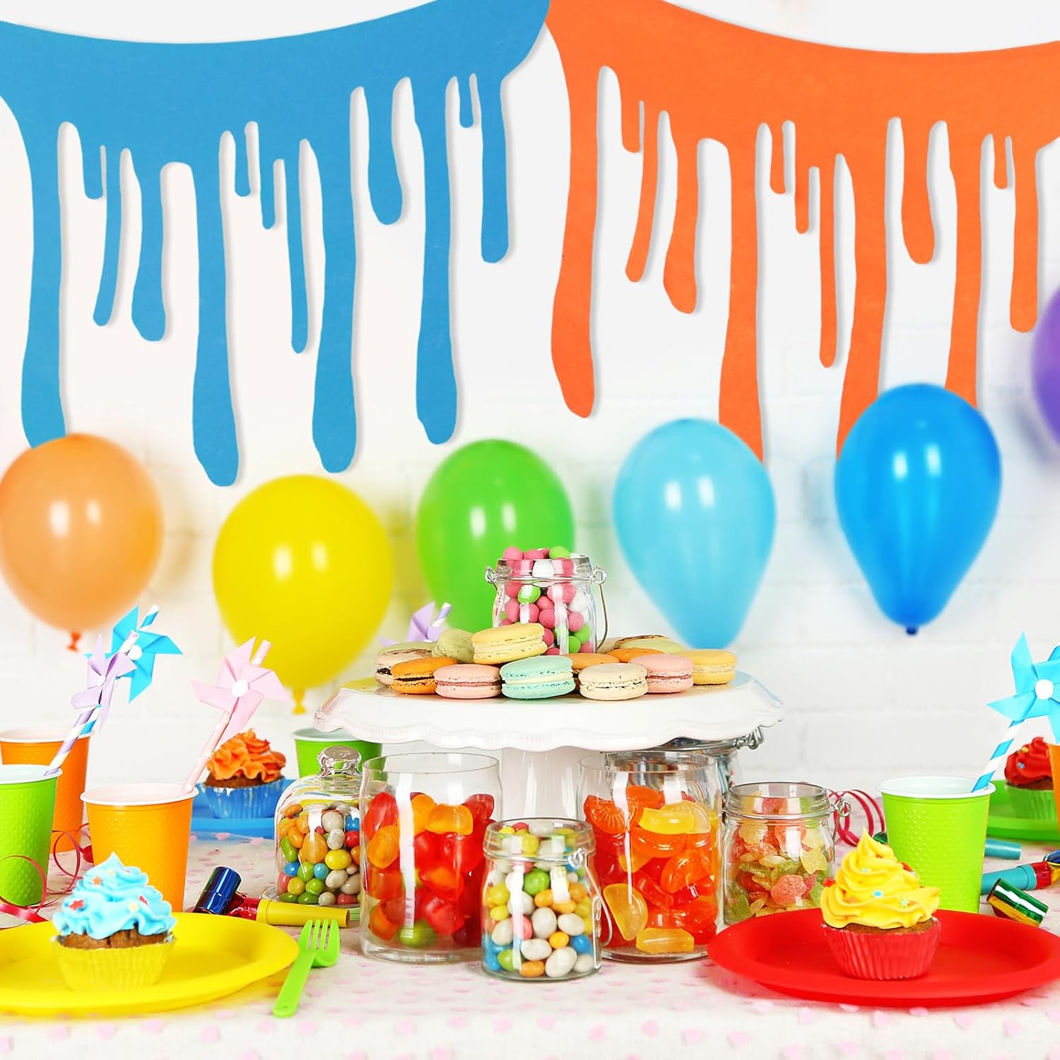 6 Pcs Art Themed Party Table Skirt 40 x 28 Inch Colorful Paint Splatter DIY Paint Back to School Decorations with Double Sided Tape for Cartoon Happy Birthday Supplies