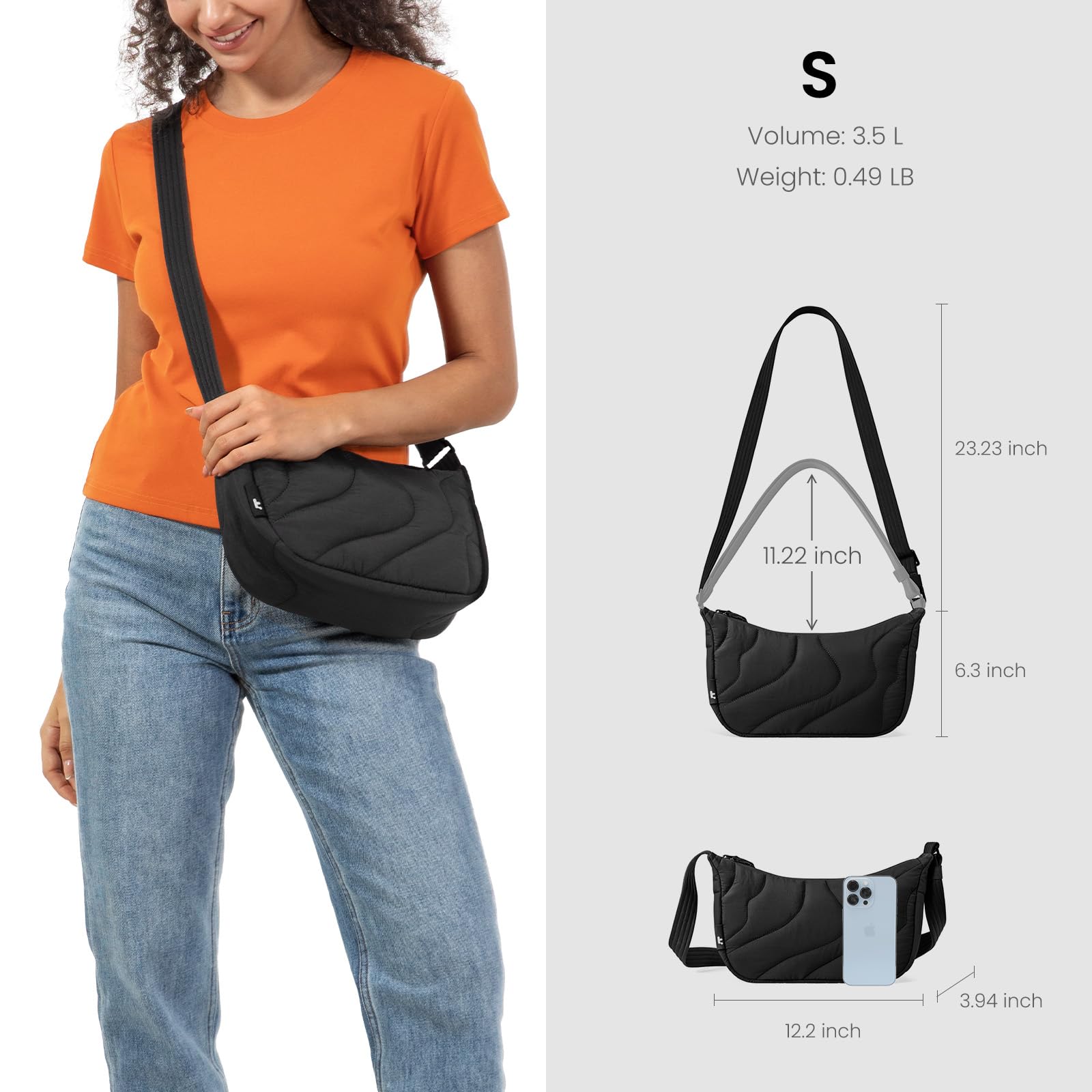 tomtoc 3,5-9L torba crossbody Sling Bag puffer kobiet, nylonowa moon ruffle | Modna torba z wygodnym paskiem na ramię, wewnetrzne przegrodki na telefon i codzienne akcesoria