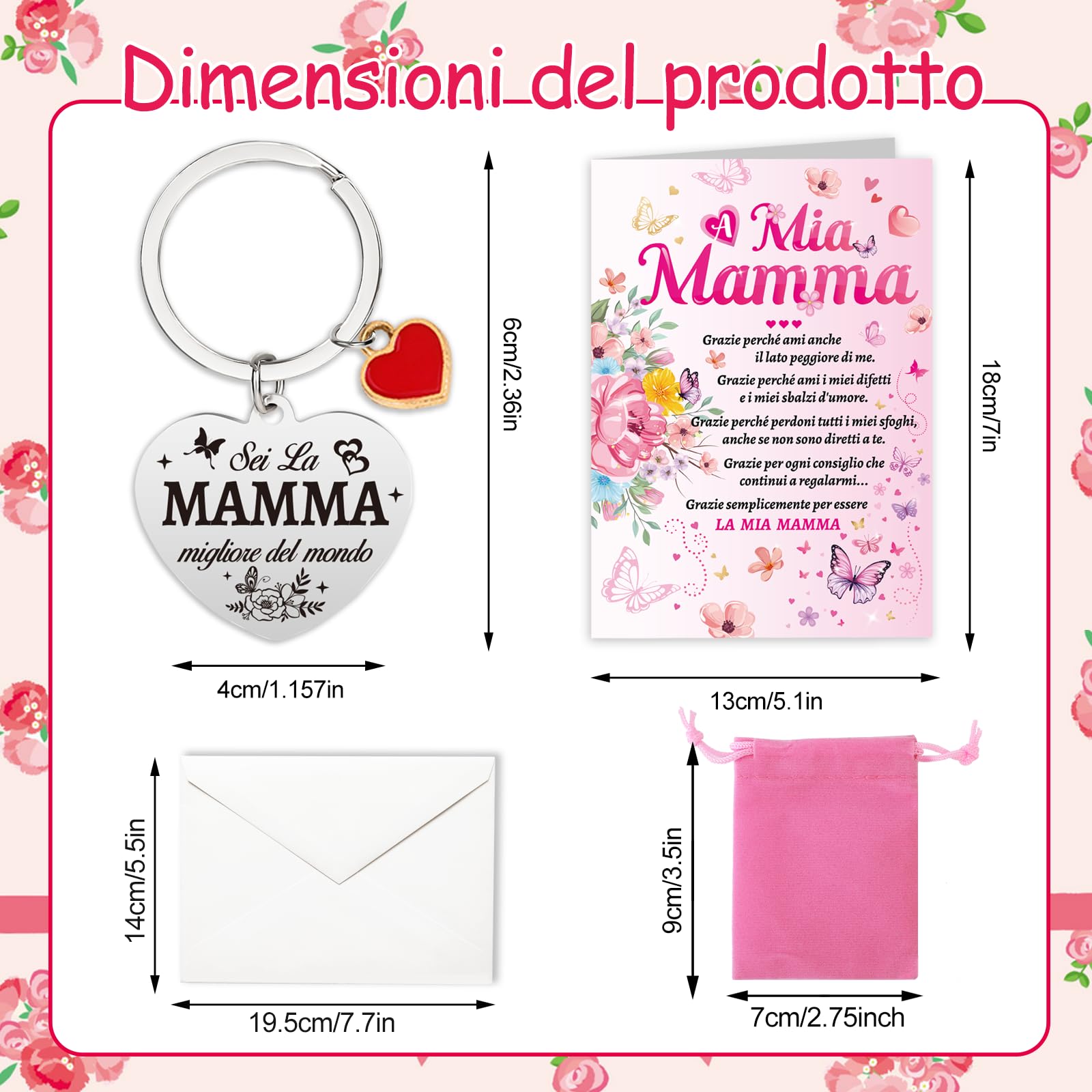 Set Regalo Festa Della Mamma HOWAF – Biglietto Di Auguri Con Fiori E Portachiavi In Acciaio Inox Con Incisione, In Confezione Elegante