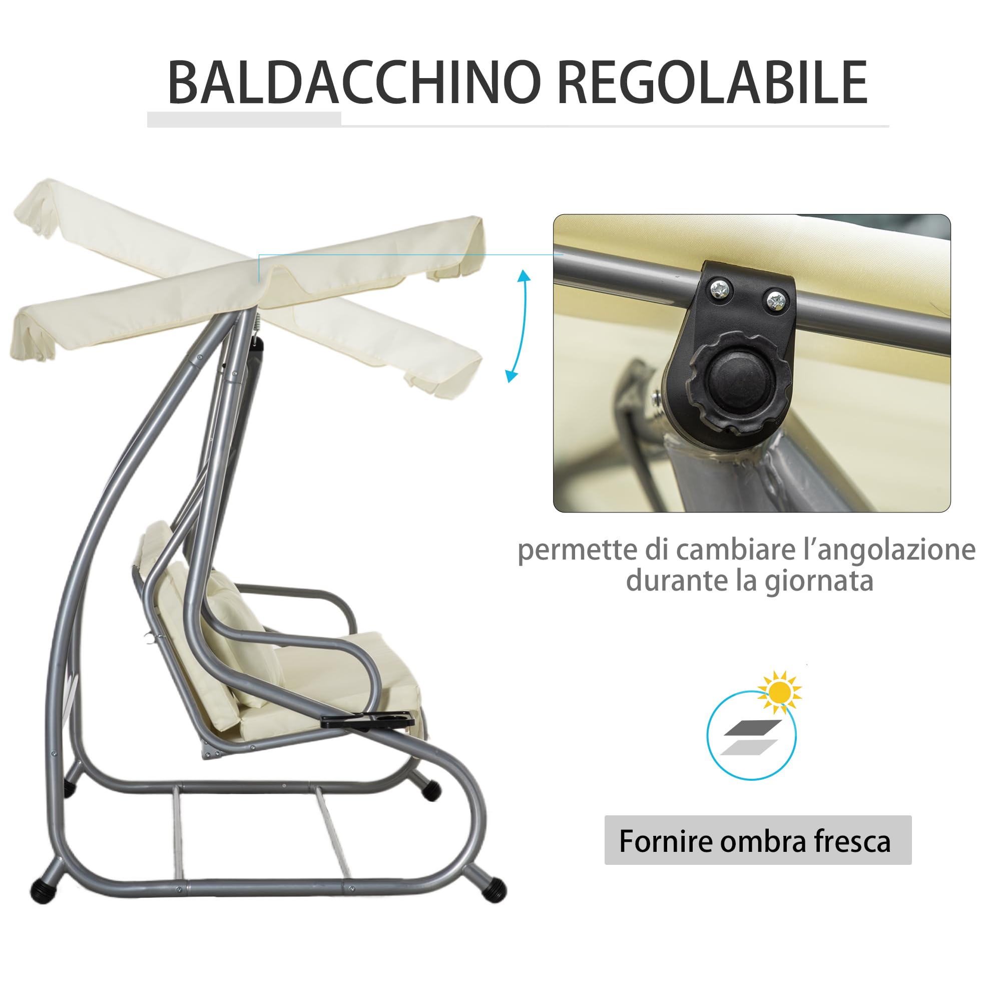 Outsunny Dondolo da Giardino convertibile in Letto a Dondolo, Dondolo 3 Posti in Acciaio e Poliestere con Tetto Regolabile e 2 Portabicchieri, 200x120x164 cm, Crema