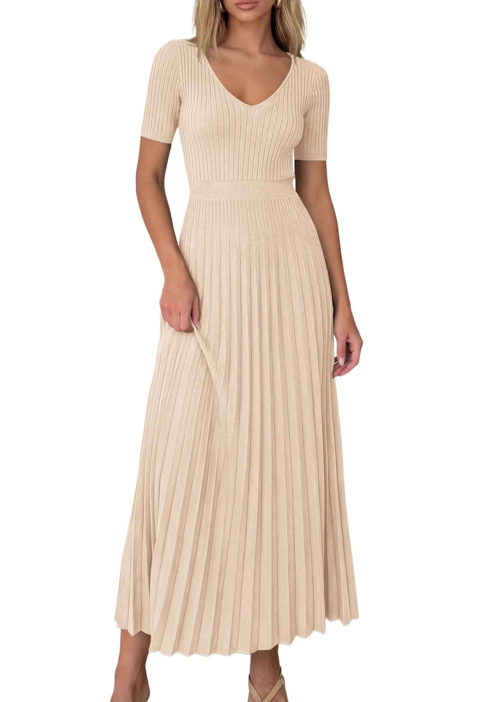 PRETTYGARDEN Women's Summer Midi Pleated Sweater Dress Cozy Ribbed Knit, Short Sleeve V Neck, Fit and Flare, Flowy Long A Line, Elegant Modest, Casual Going Out, Date Night Outfit