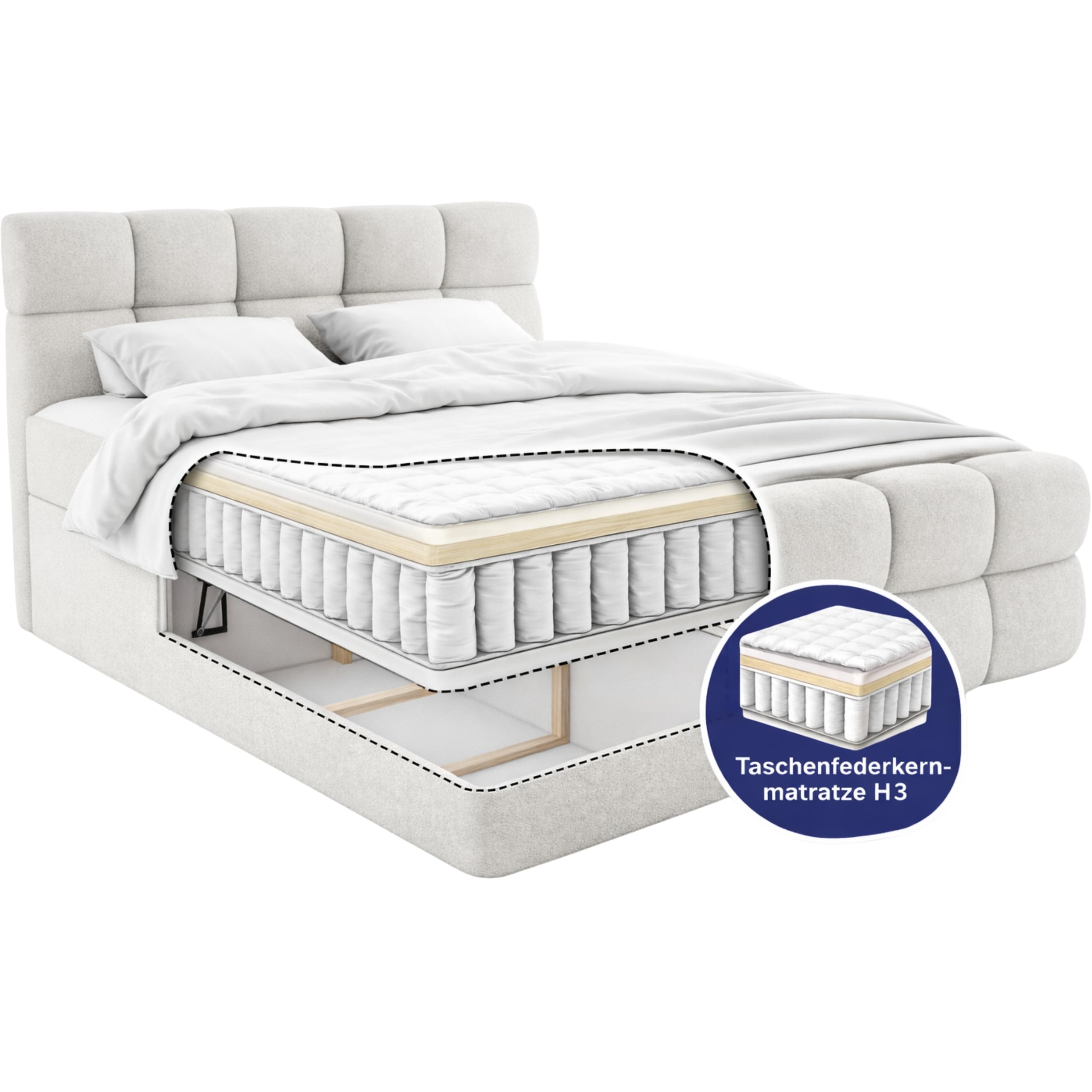 Boxspringbett mit 2 Bettkästen, Taschenfederkernmatratze und Topper, Gepolstertes Doppelbett mit Kopfteil und Fußteil, Bouclé-Stoff, Polsterbett Leo (Anthology 03, 160 x 200 cm)