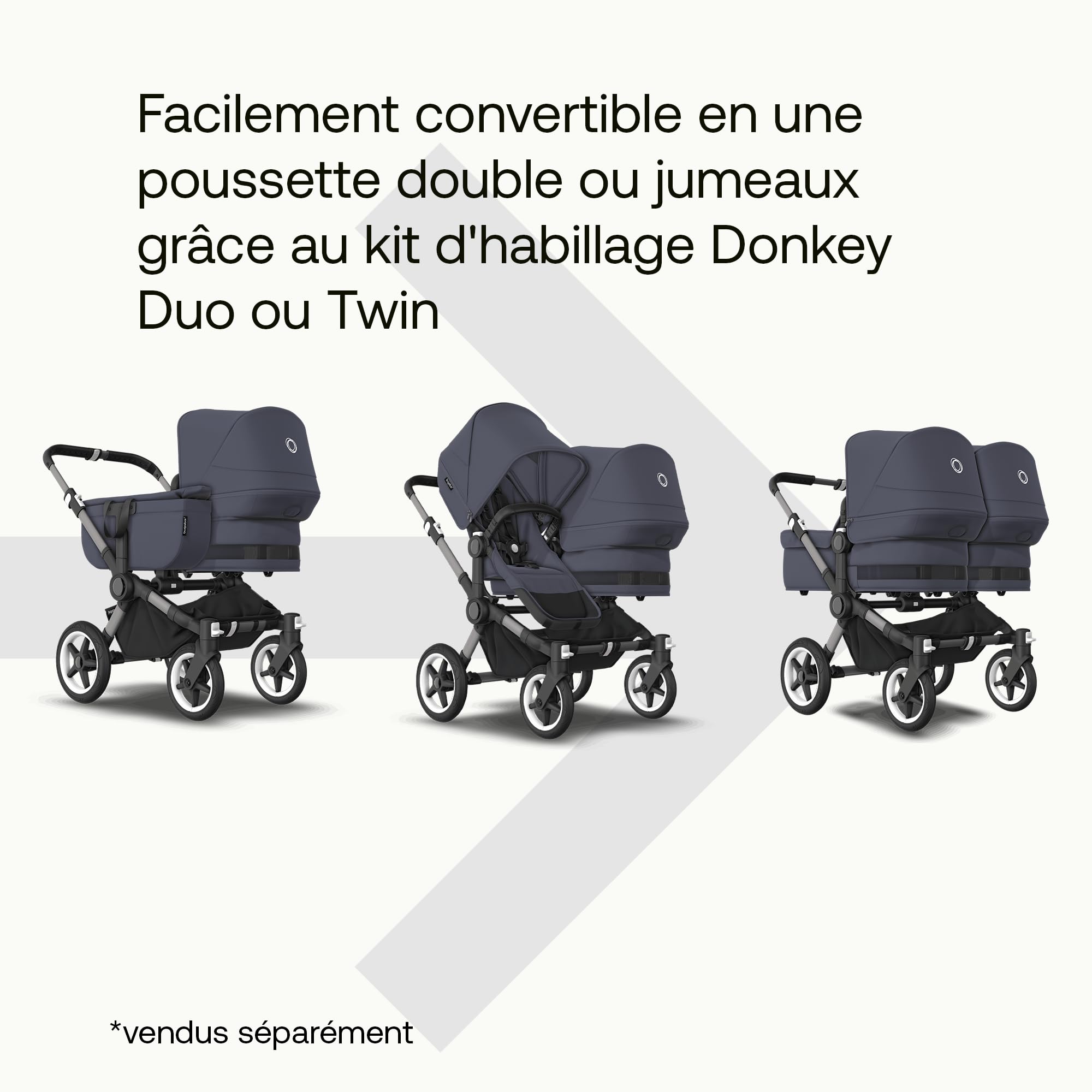 Bugaboo Donkey 5 Duo, Kit d'extension complet, Côte à Côte, Design amélioré, siège réversible, direction à une main et rangement extensible, Bleu tonerre