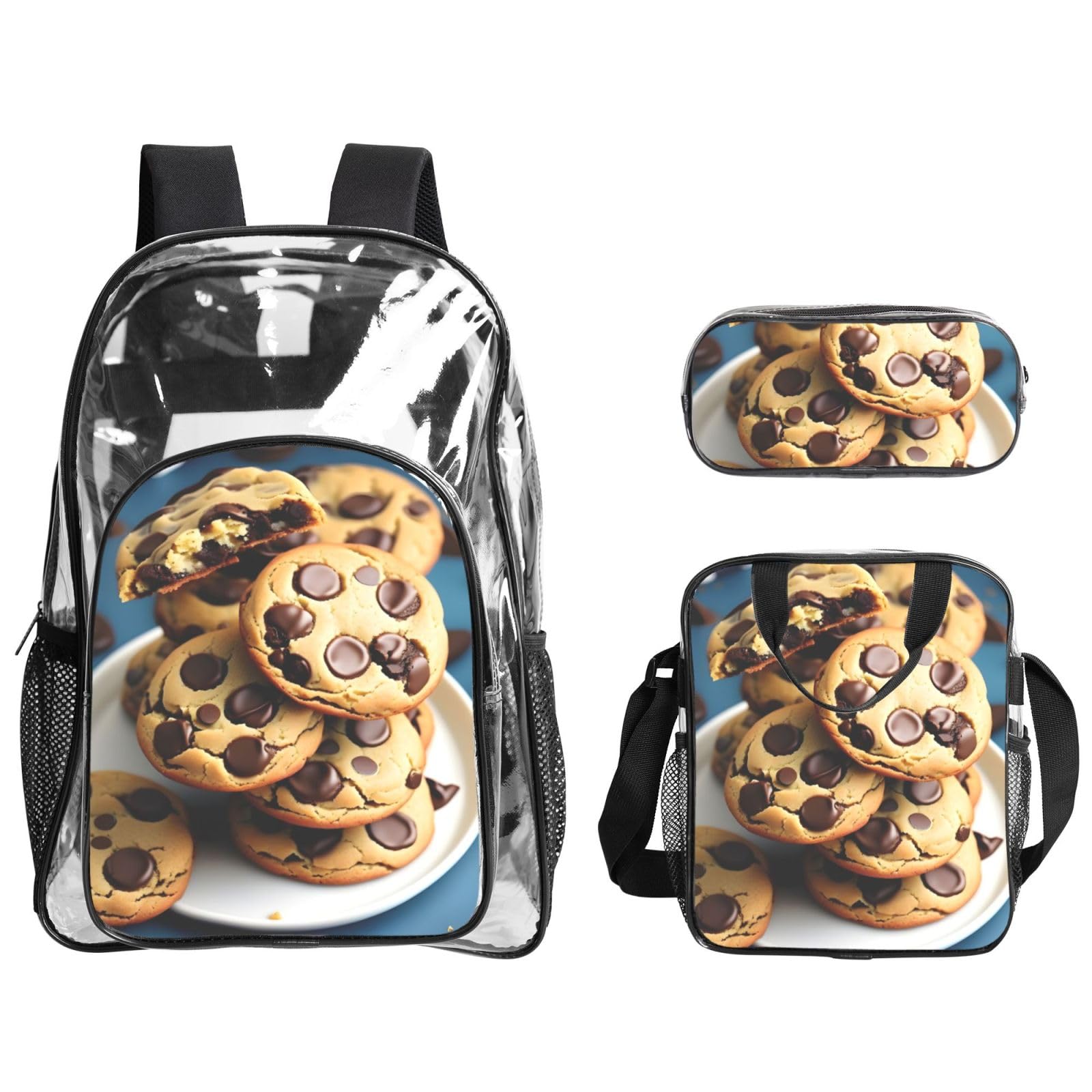 Set di 3 borse portapranzo trasparenti con stampa di biscotti e patatine al cioccolato e biscotti, per la scuola e i viaggi