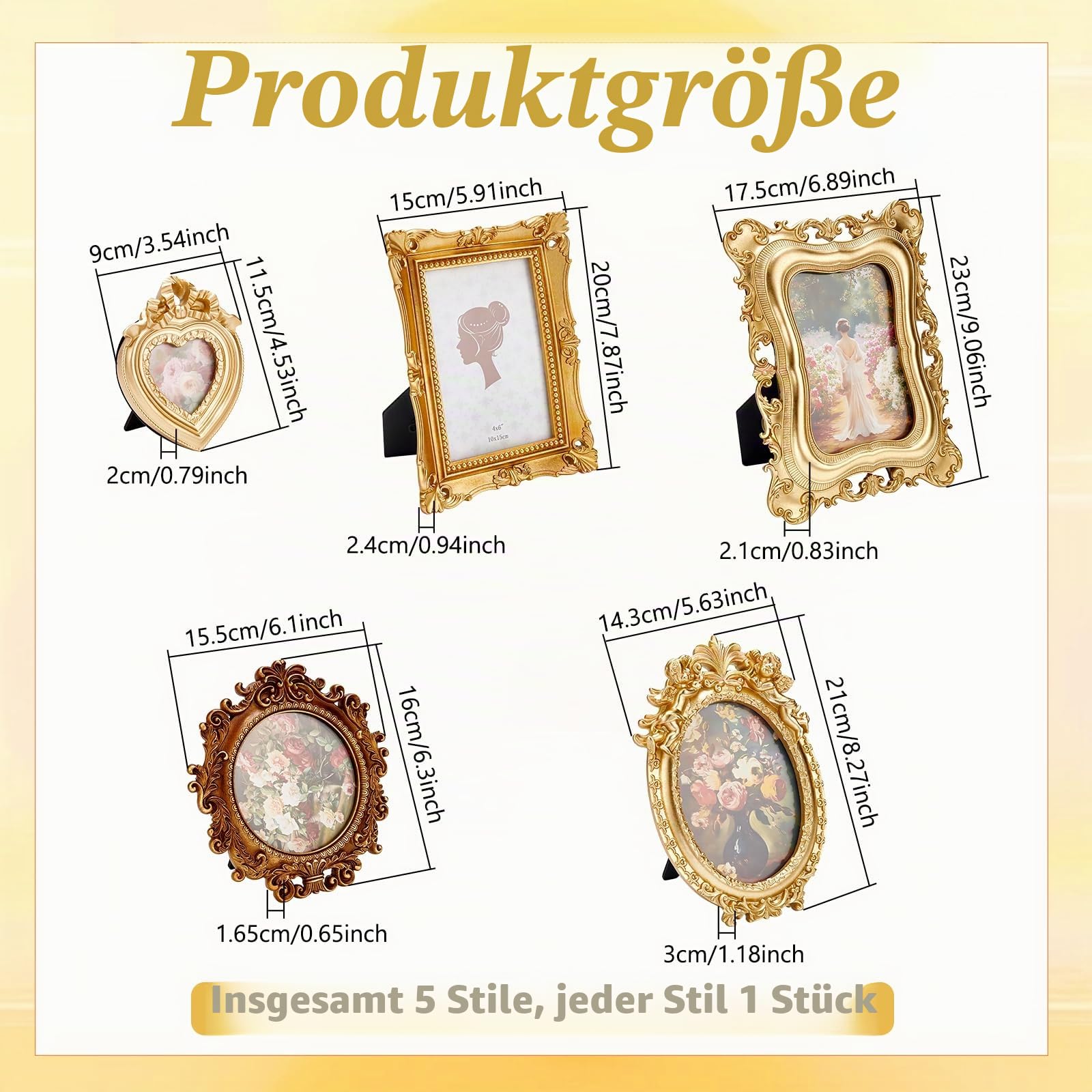 5 Stück Goldenes Vintage Bild Antikes Harz Fotorahmen Set Für 10.2x15.3/12.7x17.8 antikgoldenen Galerie Wandrahmen Kleiner Luxuriöser Wandbehang Dekoration Für Galeriewand Fotoausstellung