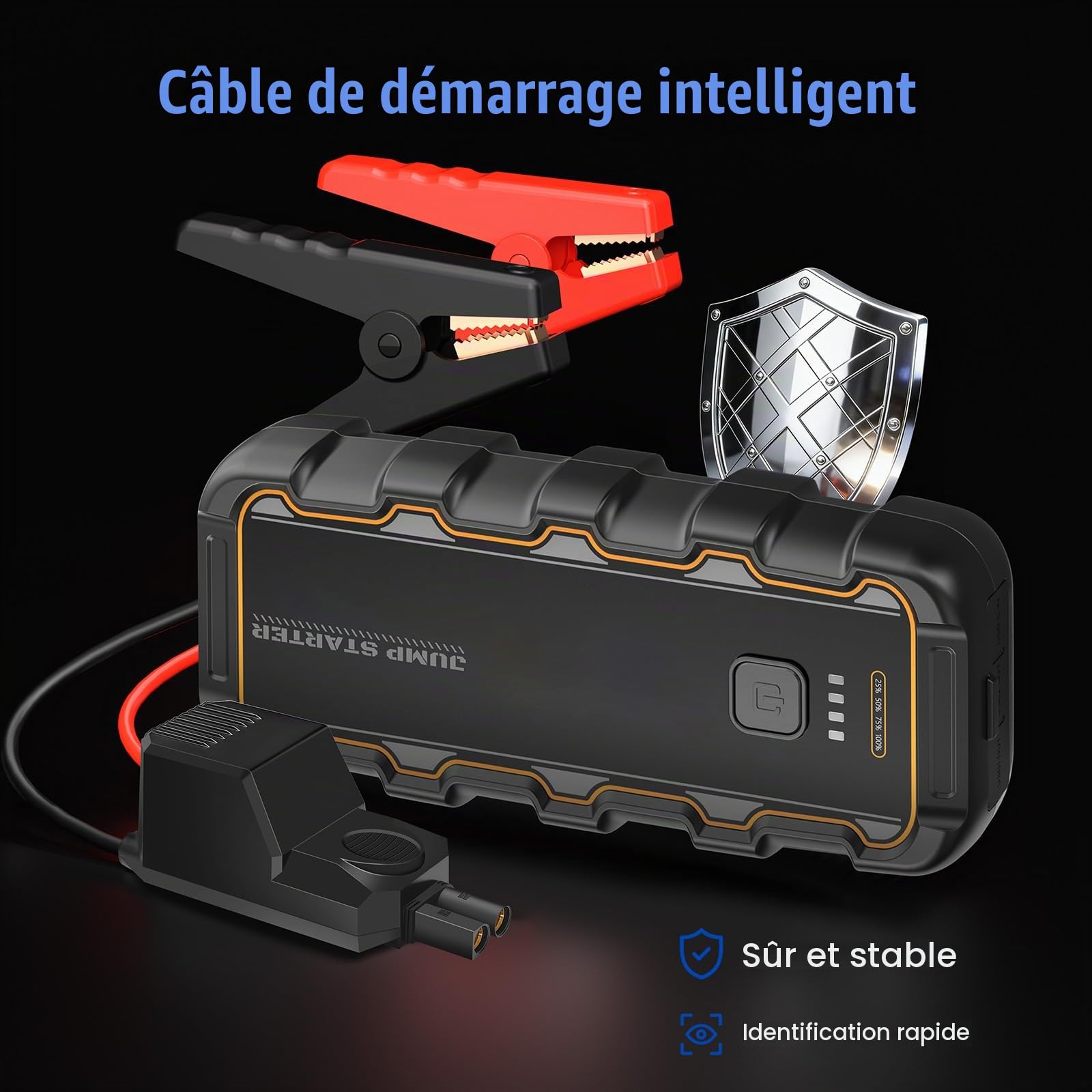 Booster Batterie 7000 A Démarreur de Batterie de Voiture Portable (Jusqu'à 8.0 L Gaz 6.0 L Gazole) 12 V Jump Starter avec Pinces Intelligentes pour Voiture Camion Moto SUV Camping-Car et Urgence
