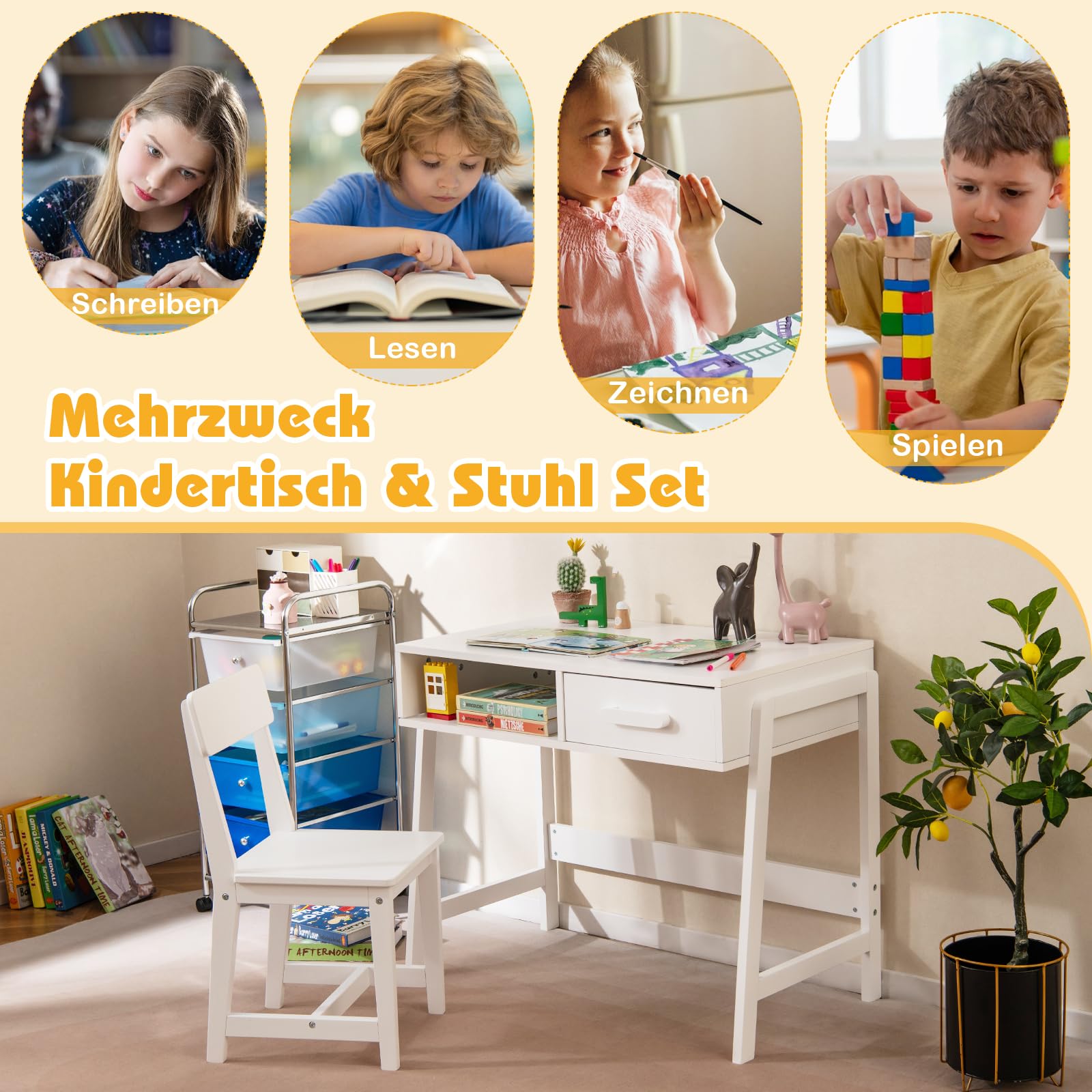 DREAMADE Kinderschreibtisch mit Stuhl, Schülerschreibtischset mit offenes Fach & Schublade, Schreibtisch-Set aus Holz zum Zeichnen, Lernen, Spielen, Studio, Kinderzimmer Kinder Tisch Stuhl Set (Weiß)