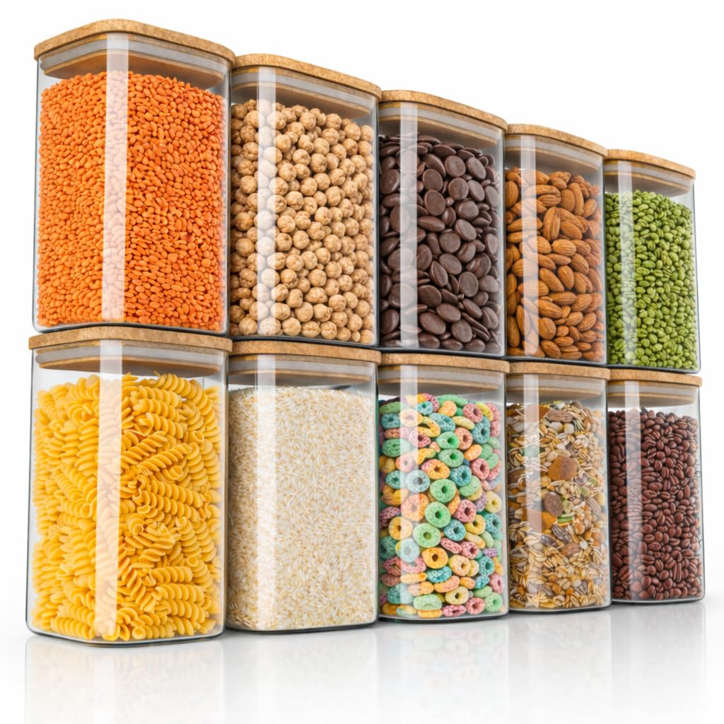 Arendo - Vorratsbehälter mit Deckel 1200ml - 10er Set - Behälter aus Glas – hitzebeständig – Vorratsdosen/Vorratsgläser mit Bambusdeckel - luftdicht - für Müsli Zucker Mehl Kaffee Reis